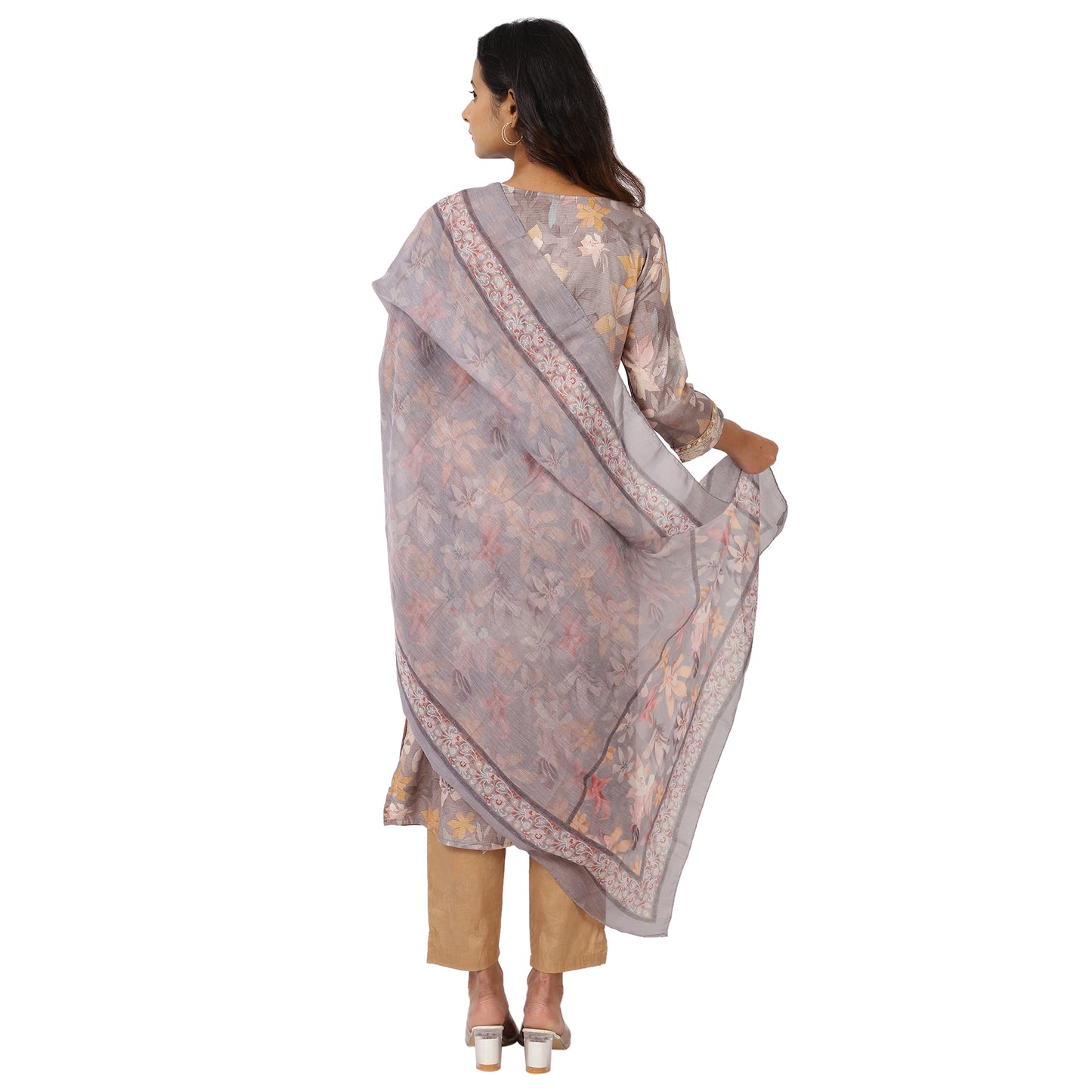 Back view of grey floral ethnic salwar suit set for women