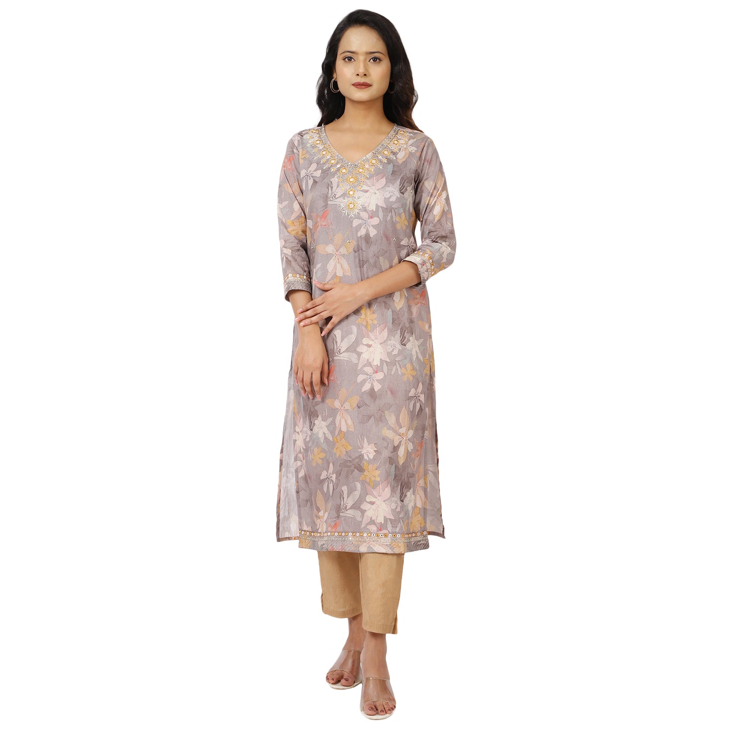 Grey salwar suit with embellished neckline and beige pants