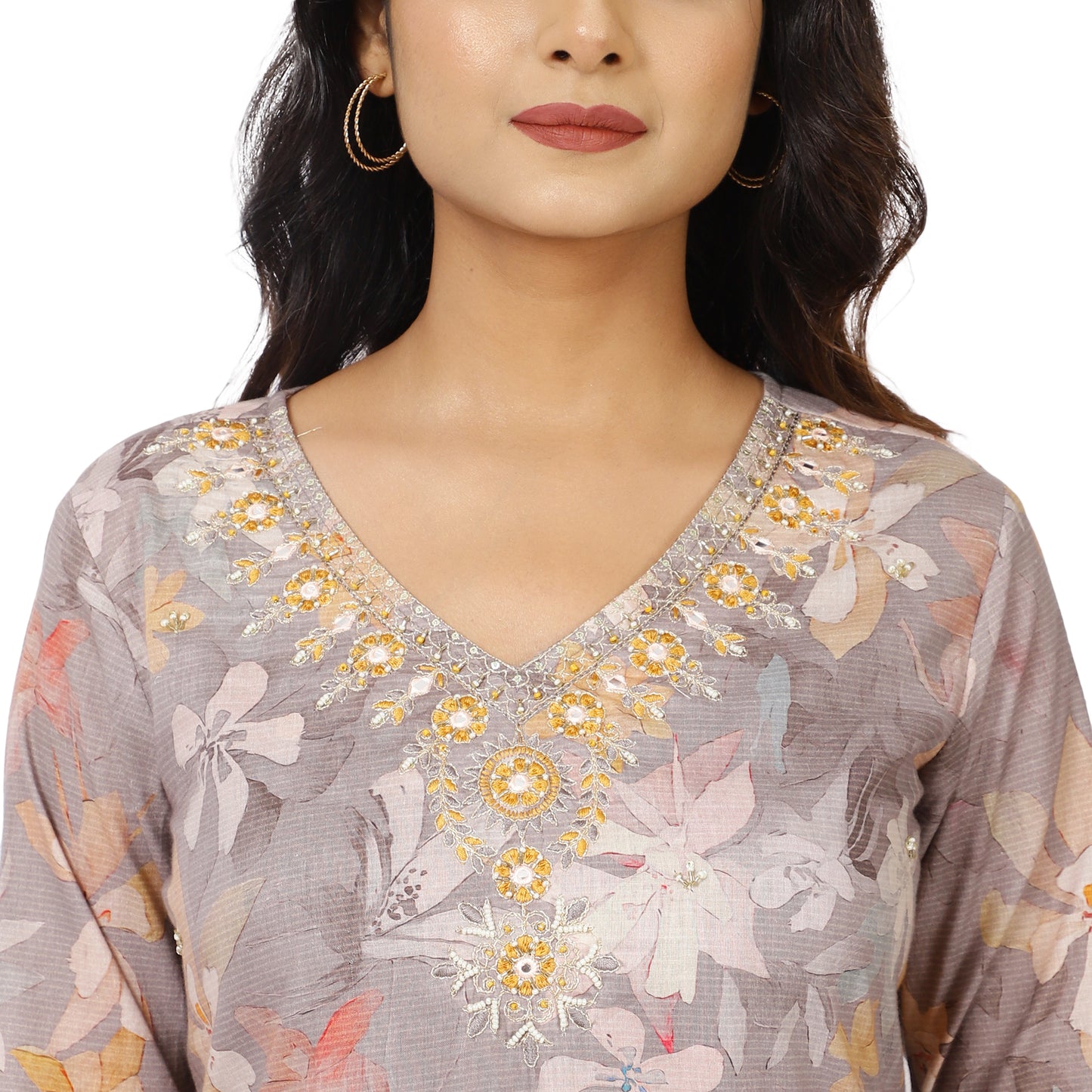 Close-up of embellished neckline on grey floral salwar suit