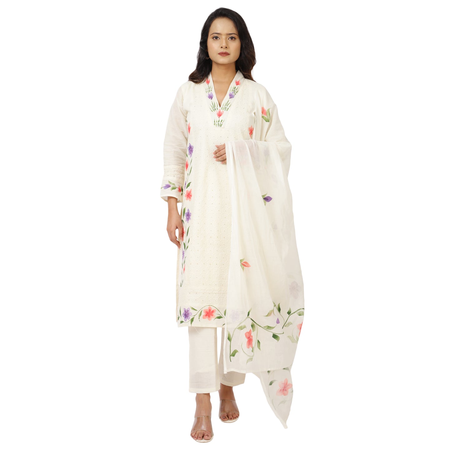 Traditional ethnic wear white cotton kurta set front vie