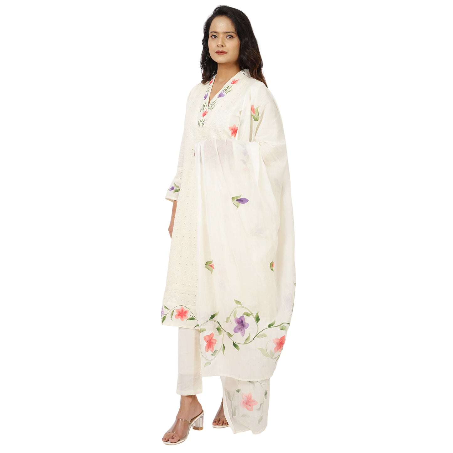 Festive white cotton suit set with dupatta