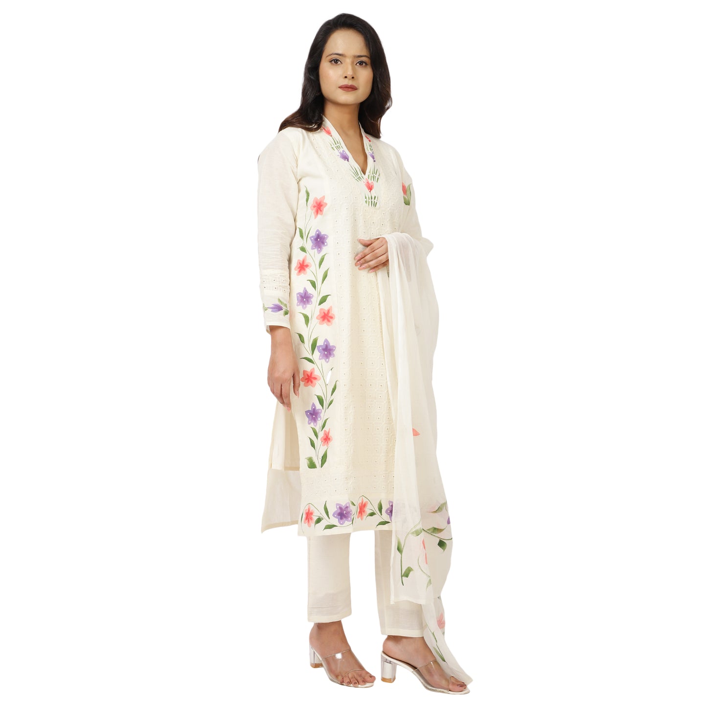 White cotton suit set with kurta, pants & dupatta