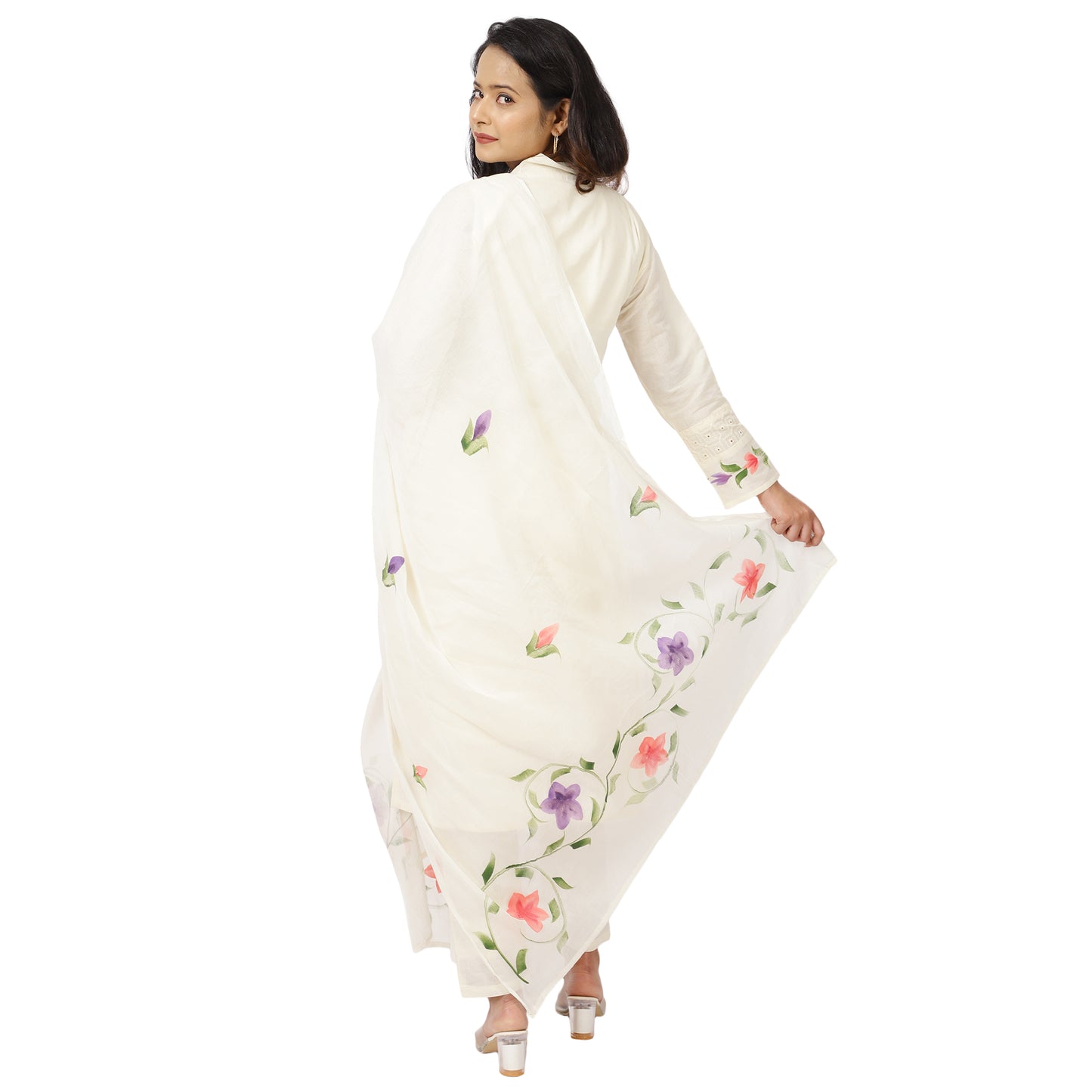 Back view of white floral cotton kurta set