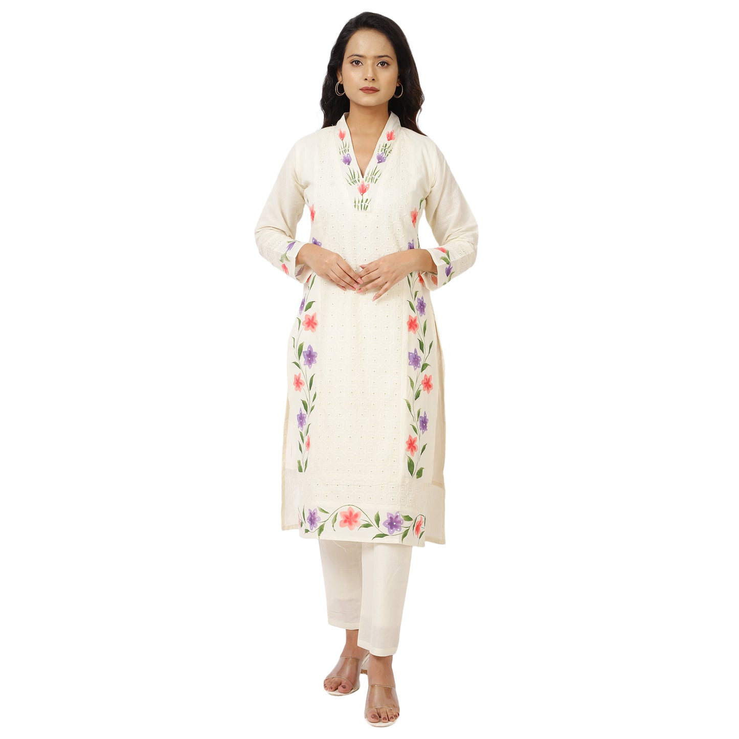 Women's white floral embroidered cotton kurta set