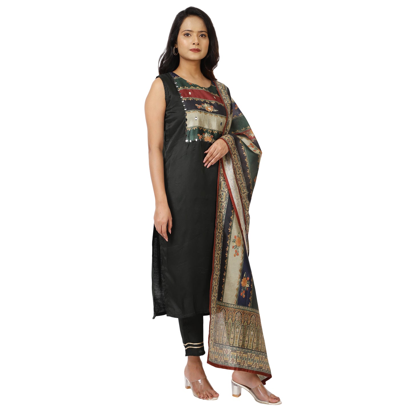 Black kurti set with multi-coloured striped dupatta