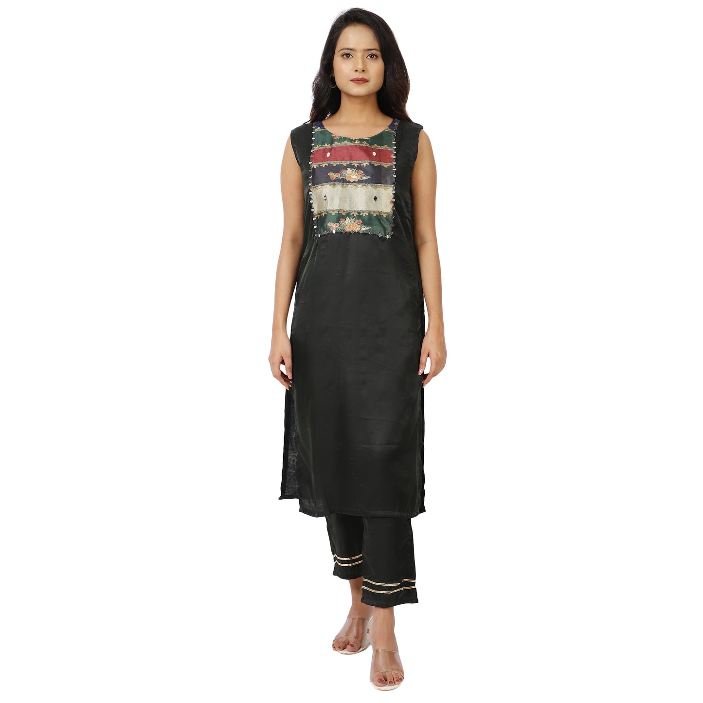 Women's black kurti and pant set with floral dupatta