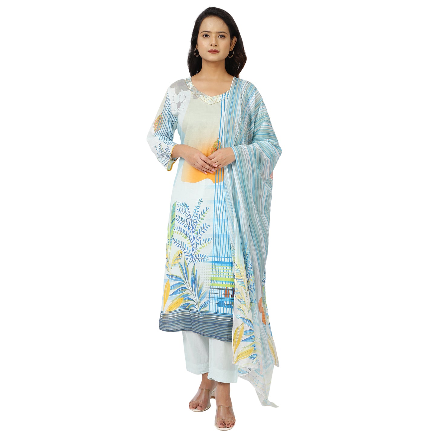 Floral printed light blue kurta for women