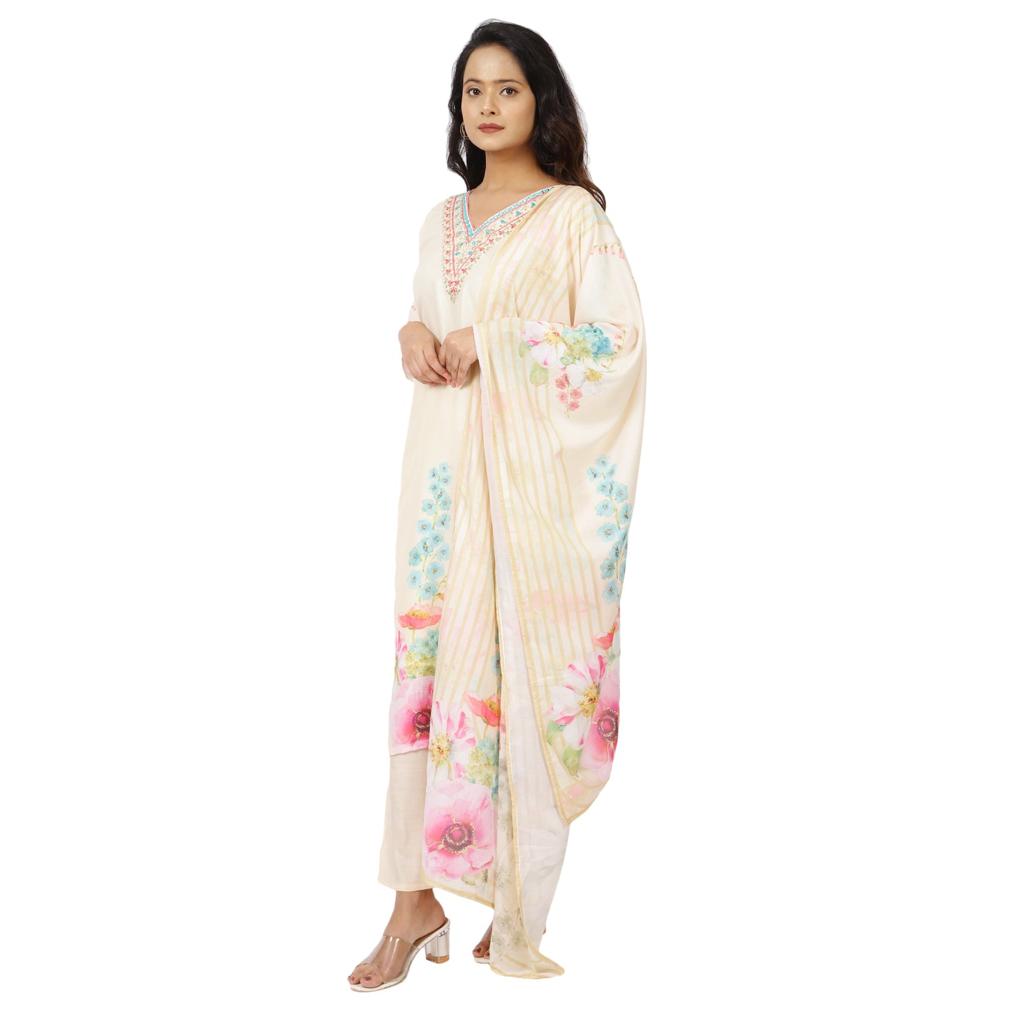 Side view of cream floral kurta set with dupatta