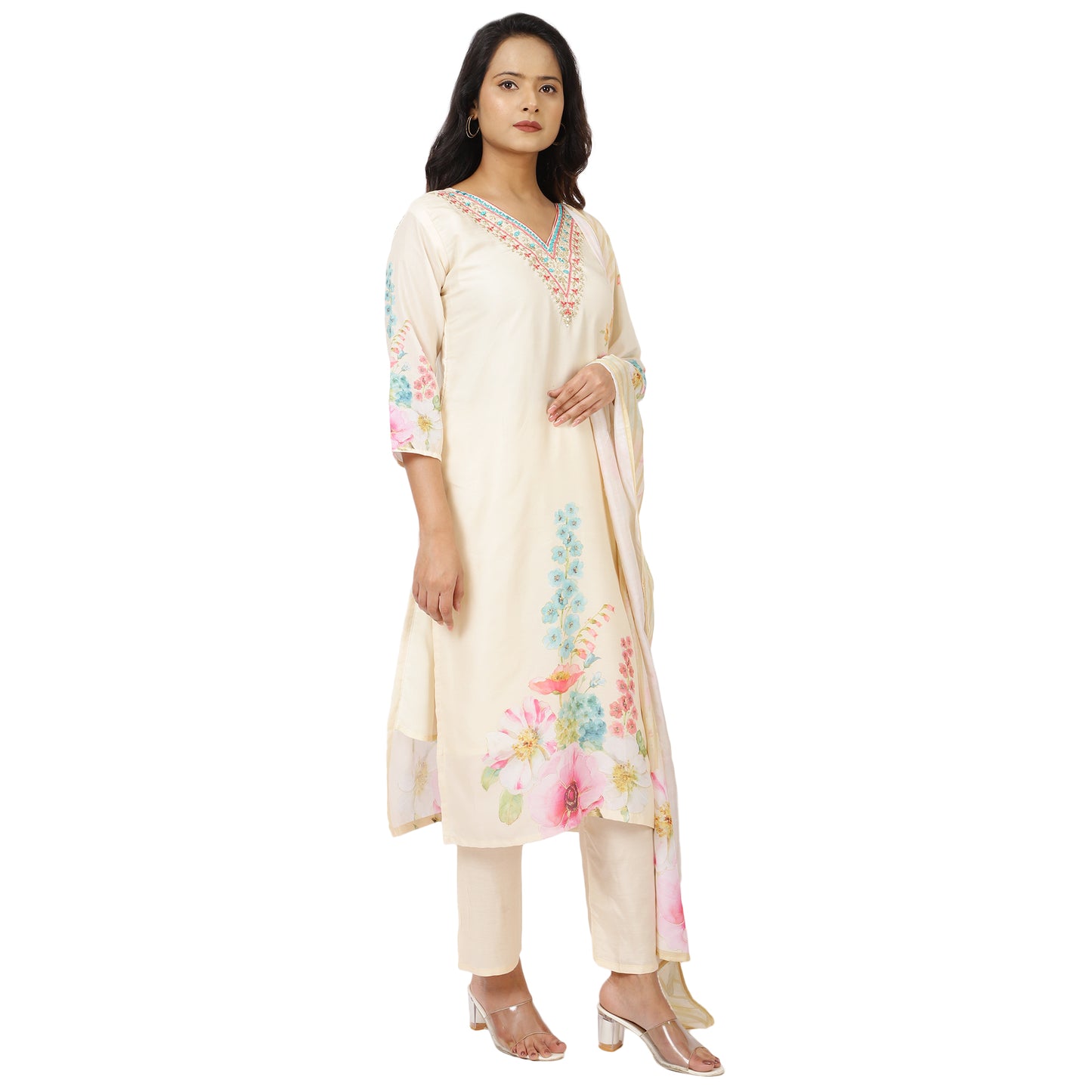 Traditional cream ethnic wear with floral embroidery