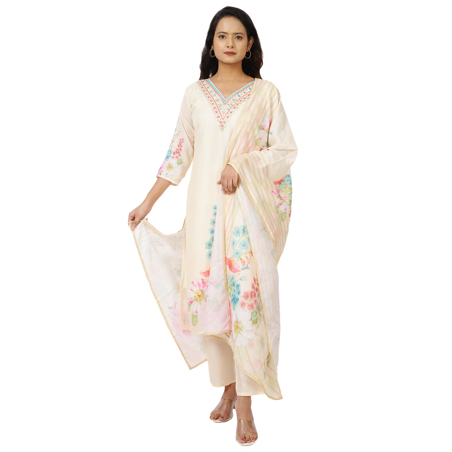 ZS Fashion cream floral print kurta set front view