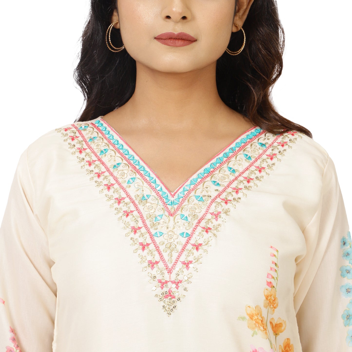 Women's 3/4 sleeve cream ethnic kurta and pants