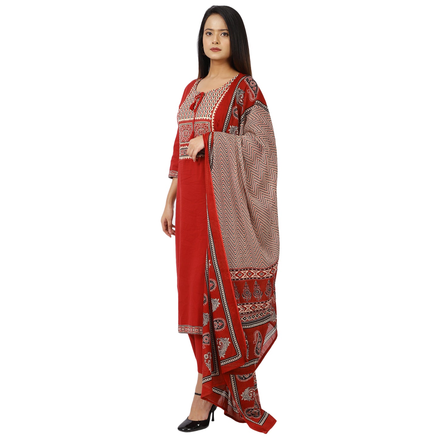 Traditional red embroidered kurta with dupatta