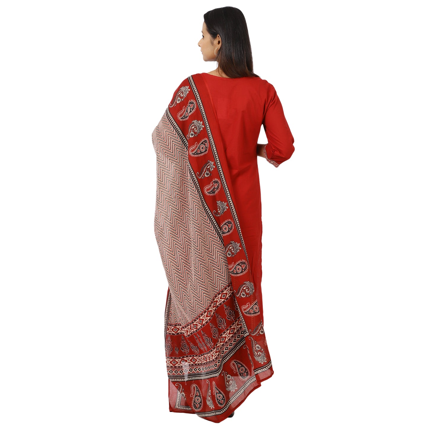 Back view of red cotton kurta palazzo with dupatta