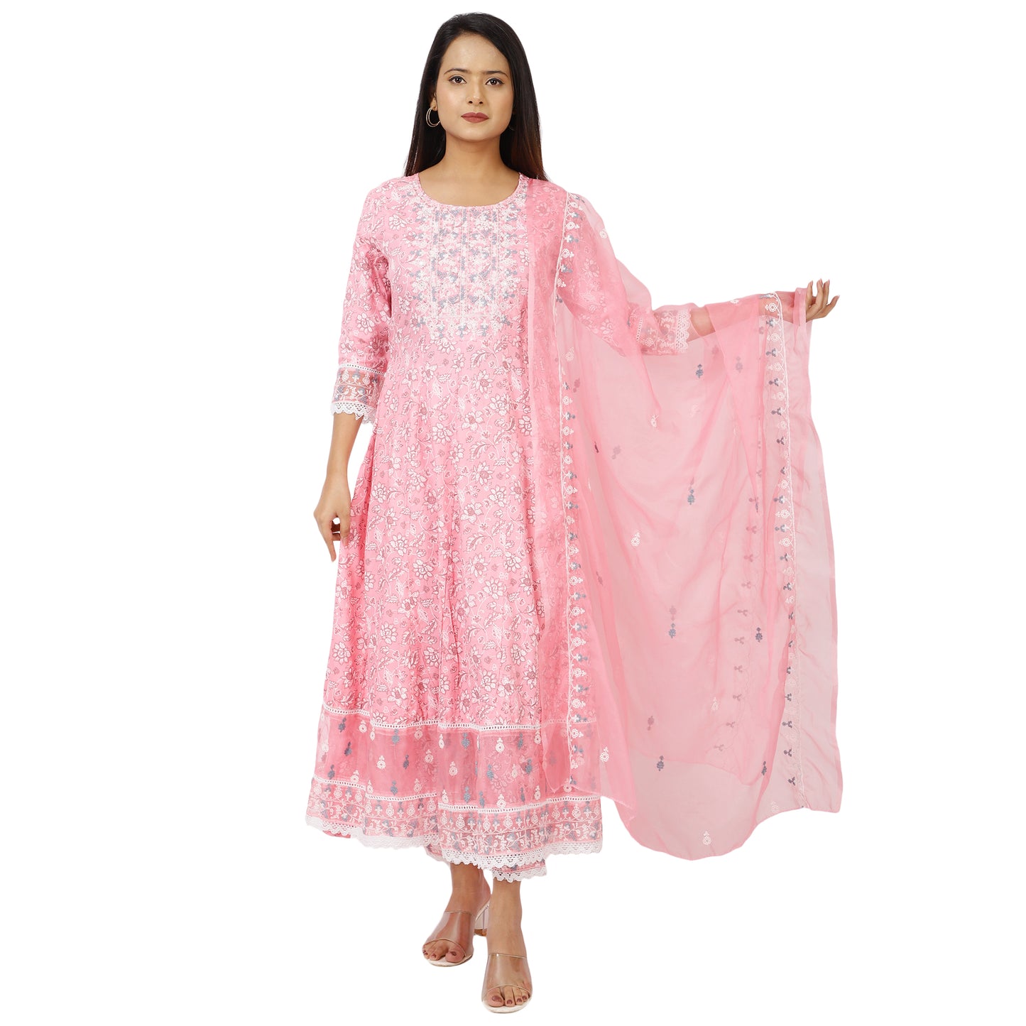 Detailed view of neckline and sleeve lace design of pink embroidered Anarkali dre