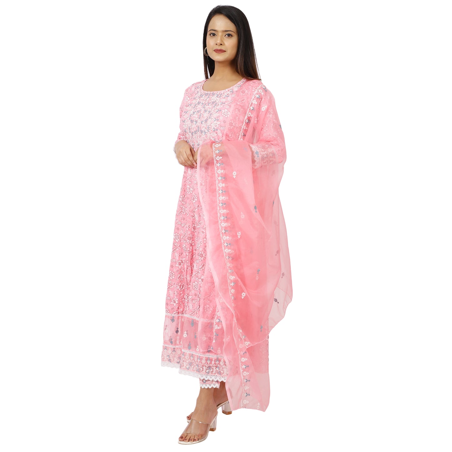 ZS Fashion pink Anarkali kurta set with matching dupatta displayed on mode