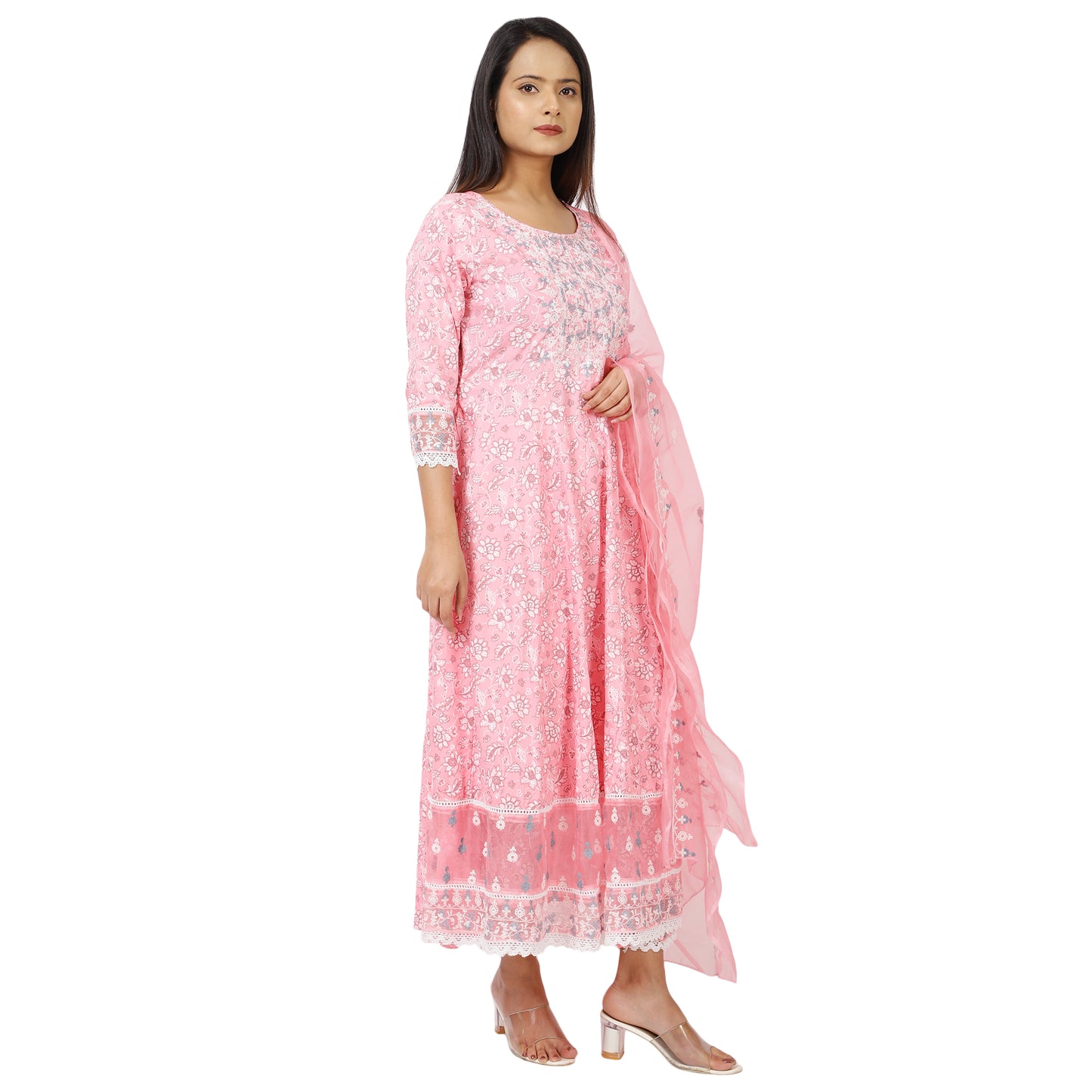 Side view of women’s pink Anarkali kurta set showing flared design