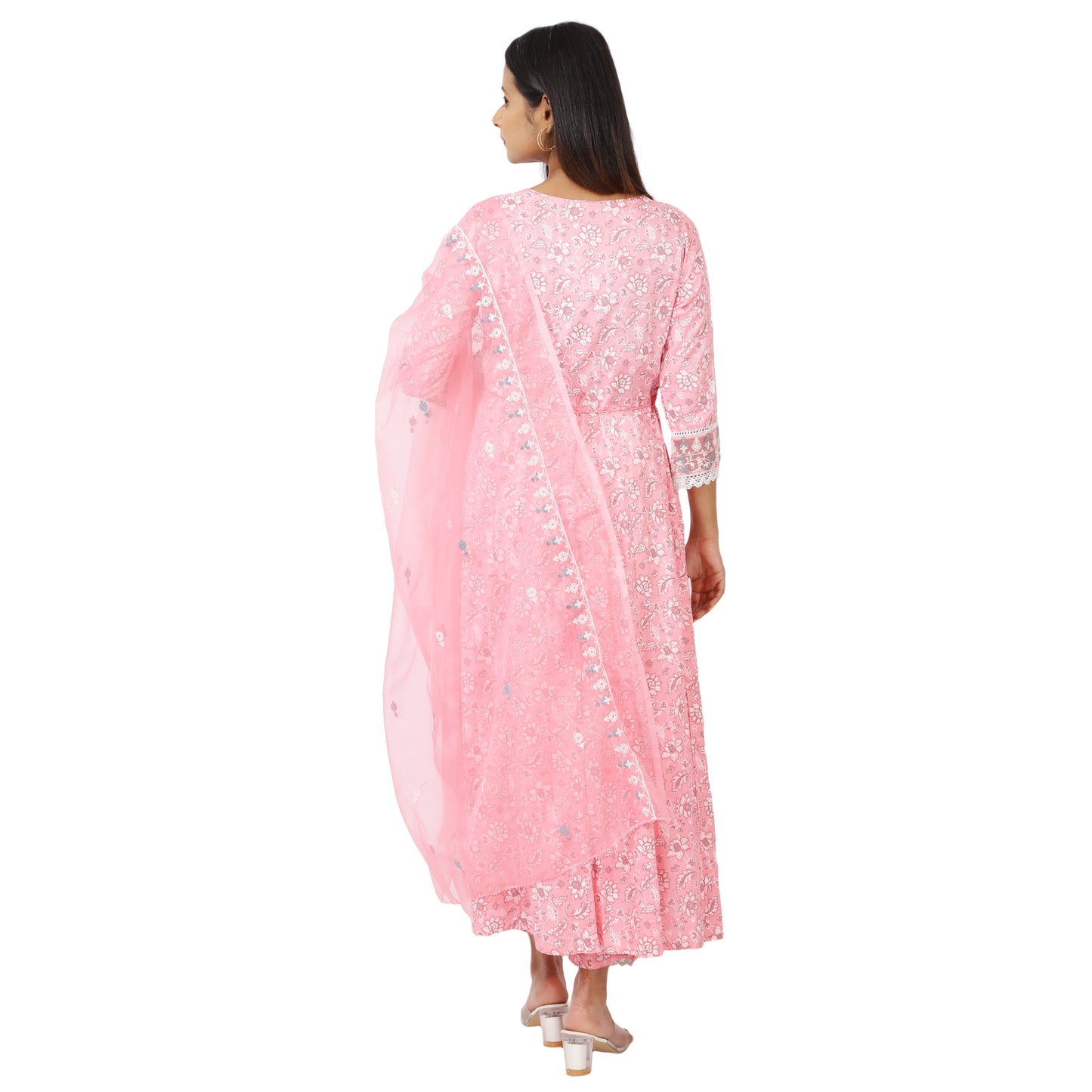 Back view of traditional pink Anarkali kurta dress with lace details and 3/4 sleeves