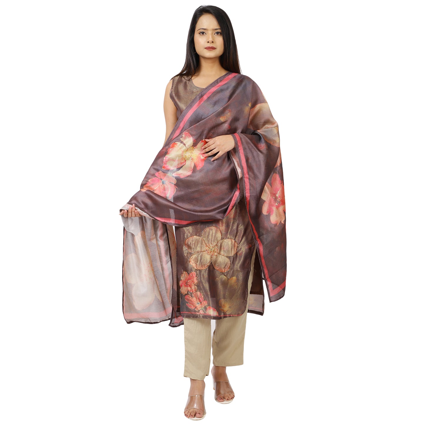 Grey kurta set with coral pink floral print – front view