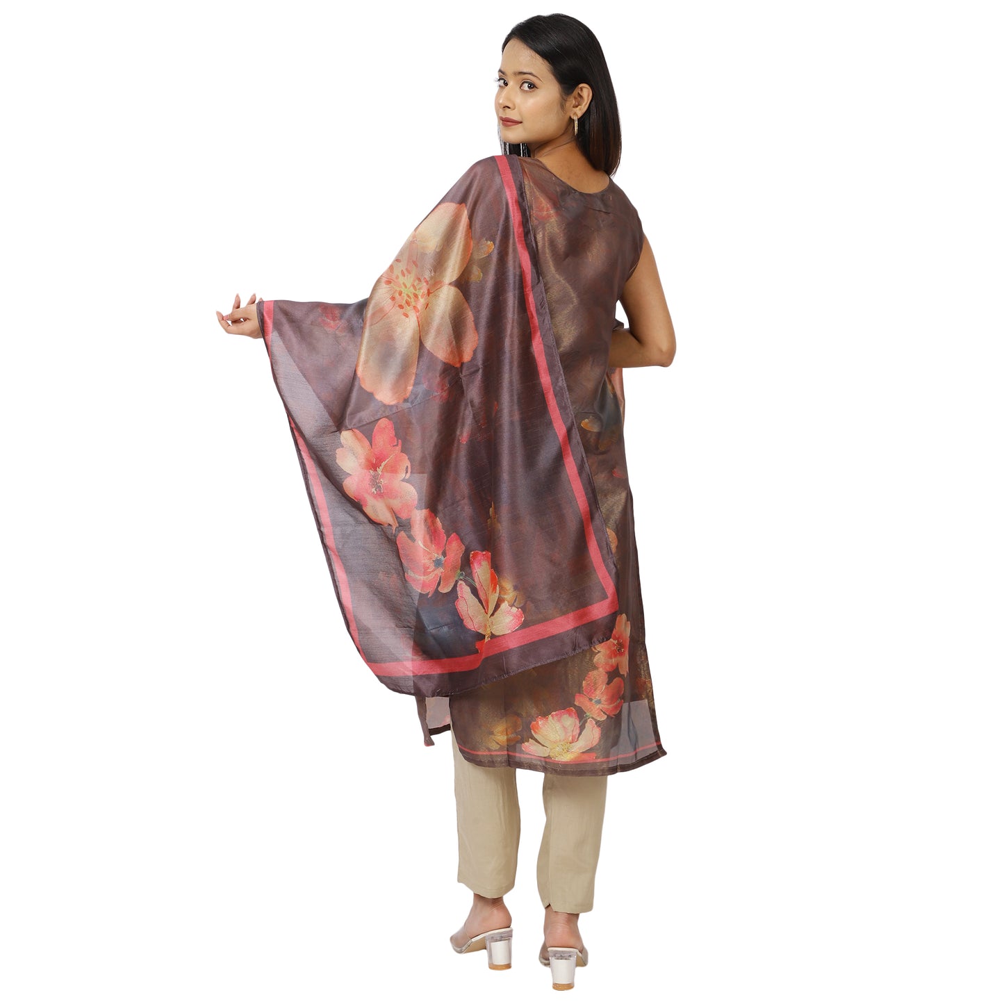 Floral printed grey kurta set with dupatta – back view