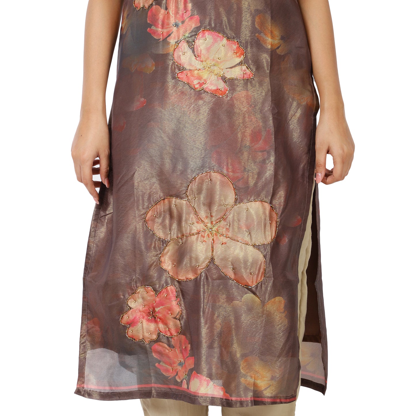 Coral pink floral embroidery on grey kurta – close-up