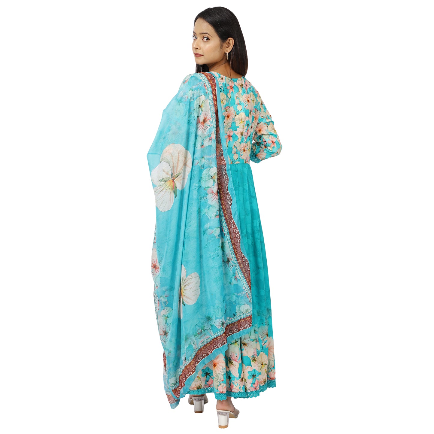 Back view turquoise floral Anarkali festive outfit
