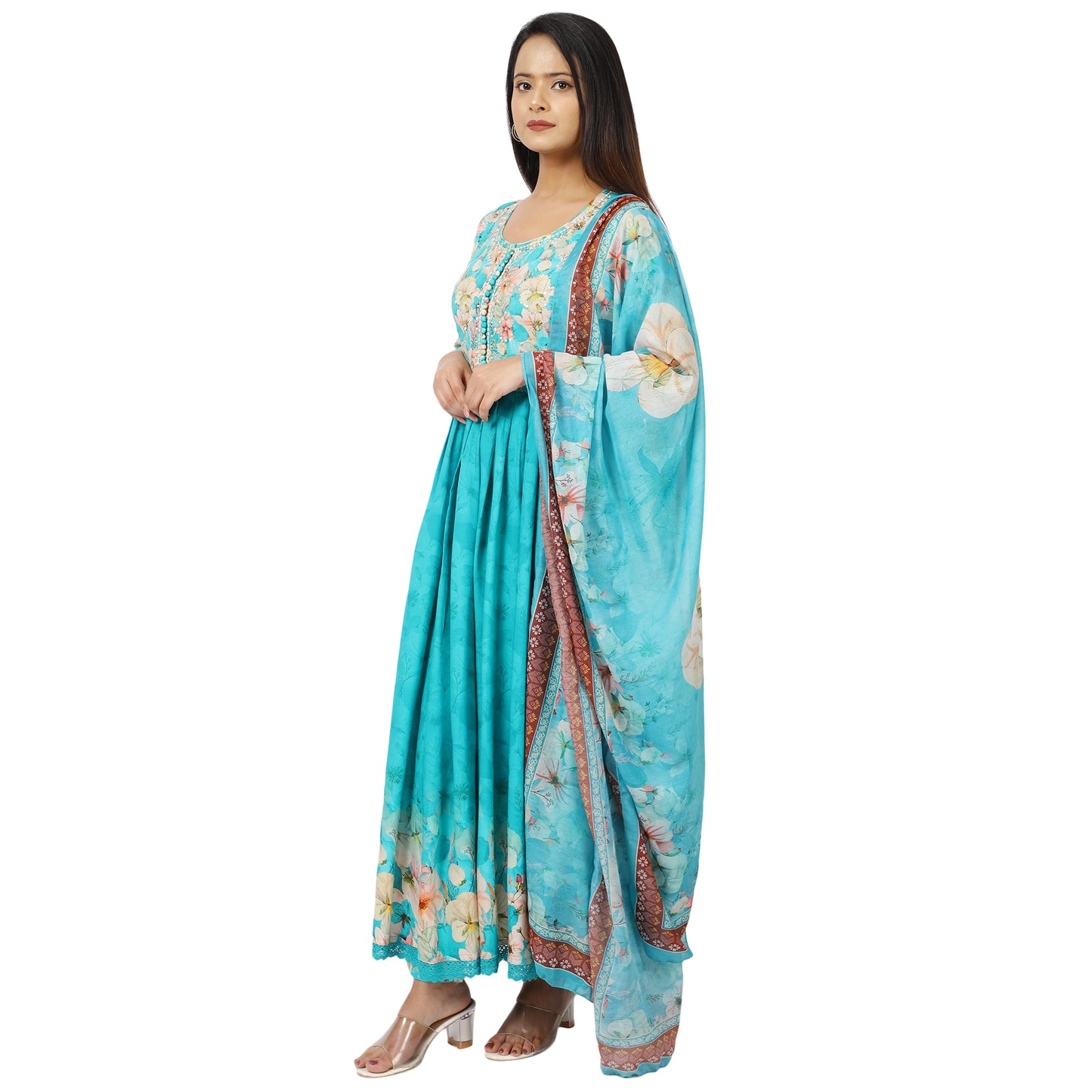 Anarkali dress with dupatta side angle turquoise blue