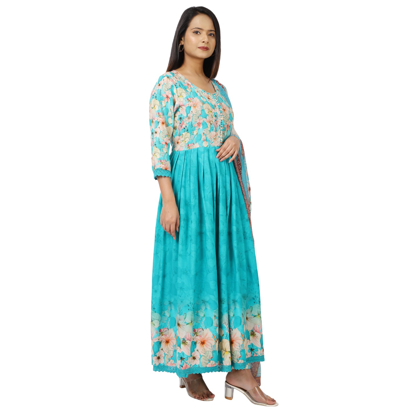 Traditional Indian Anarkali suit with turquoise dupatta