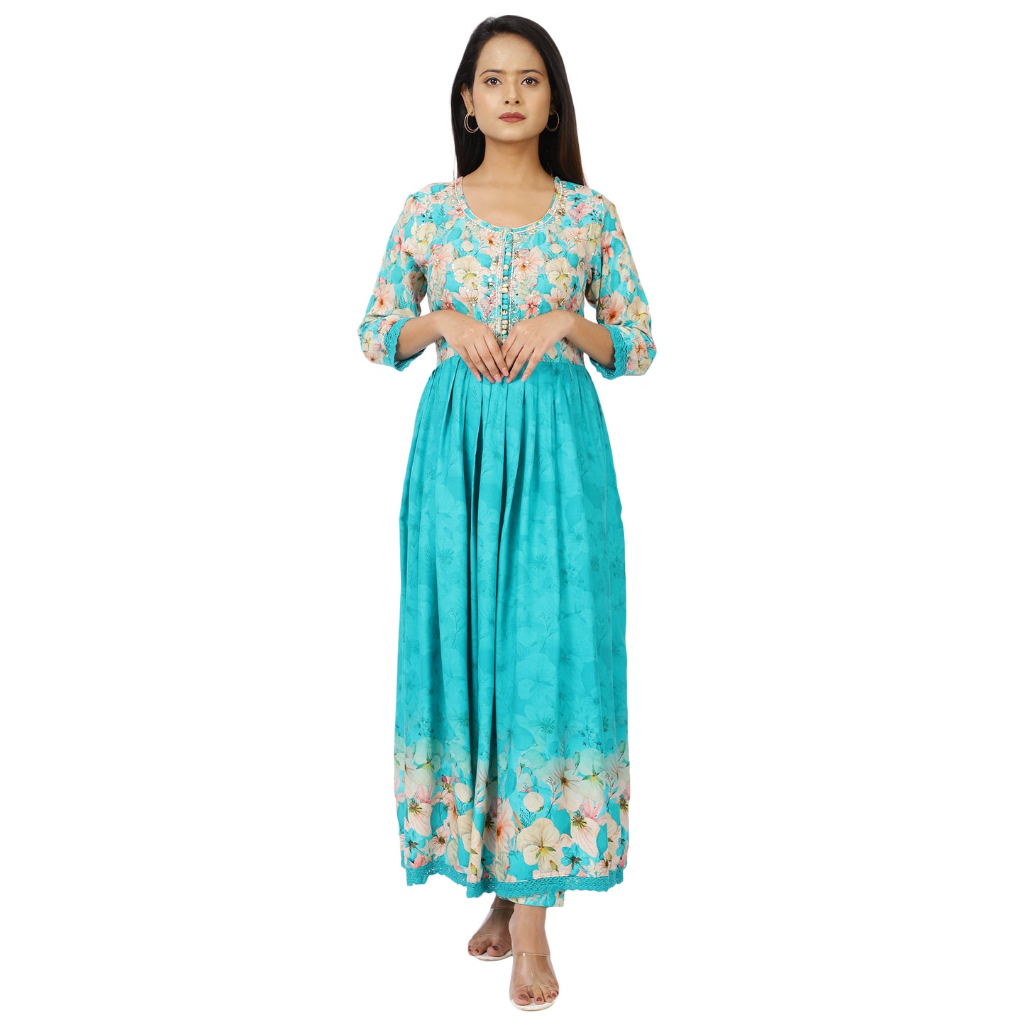 Close-up floral print turquoise Anarkali neckline