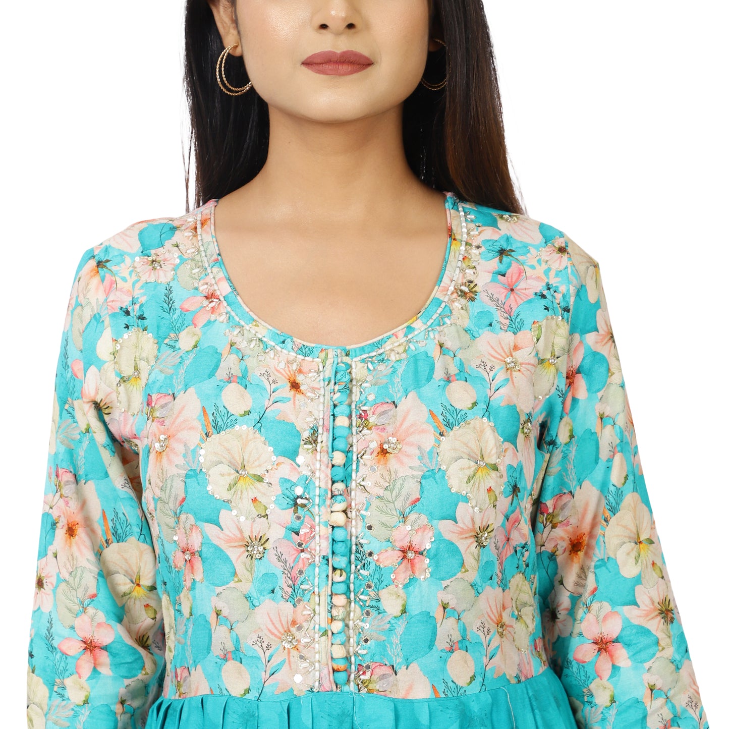 3/4 sleeve turquoise Anarkali dress with dupatta