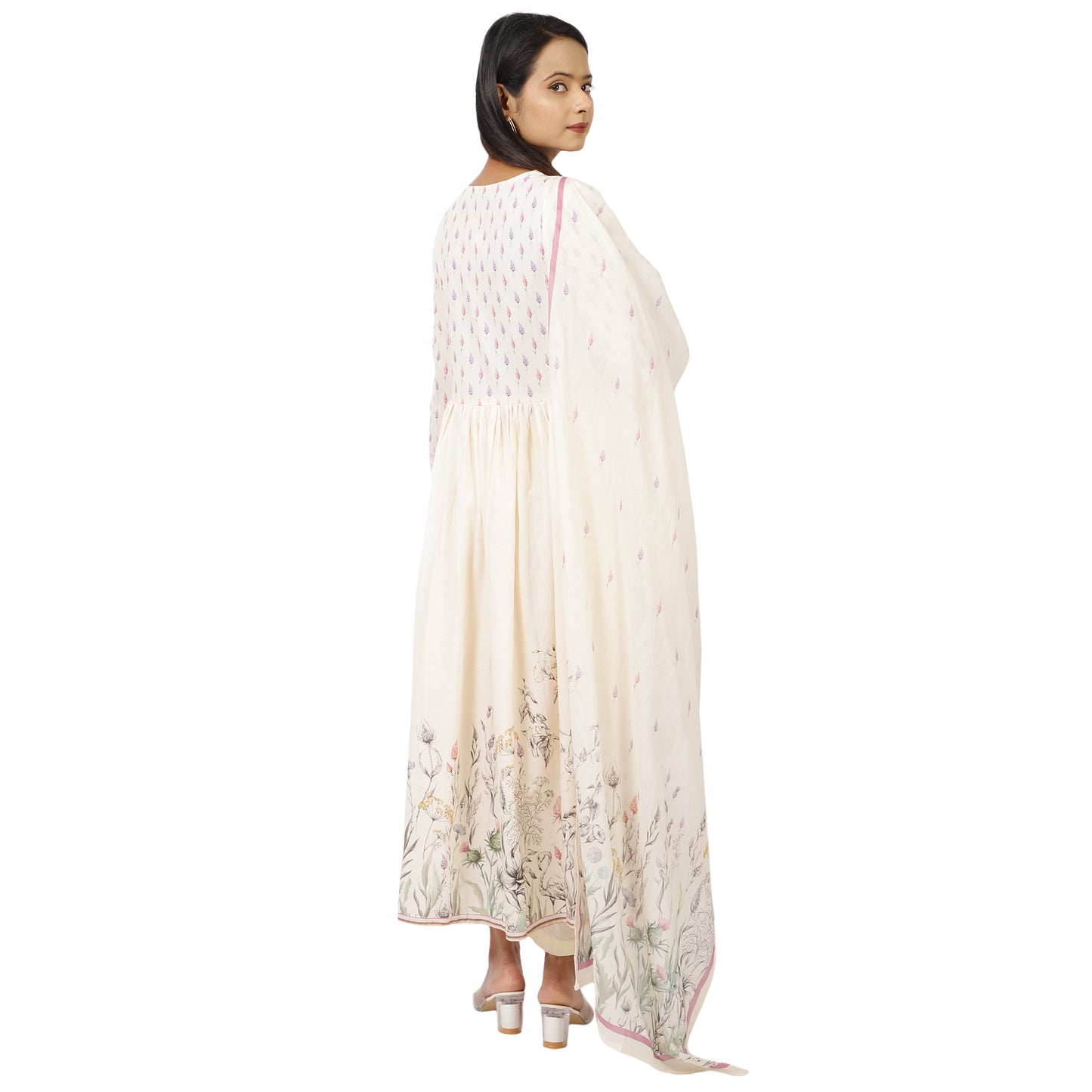 Back View Women's Off-White Anarkali Kurta Outfit