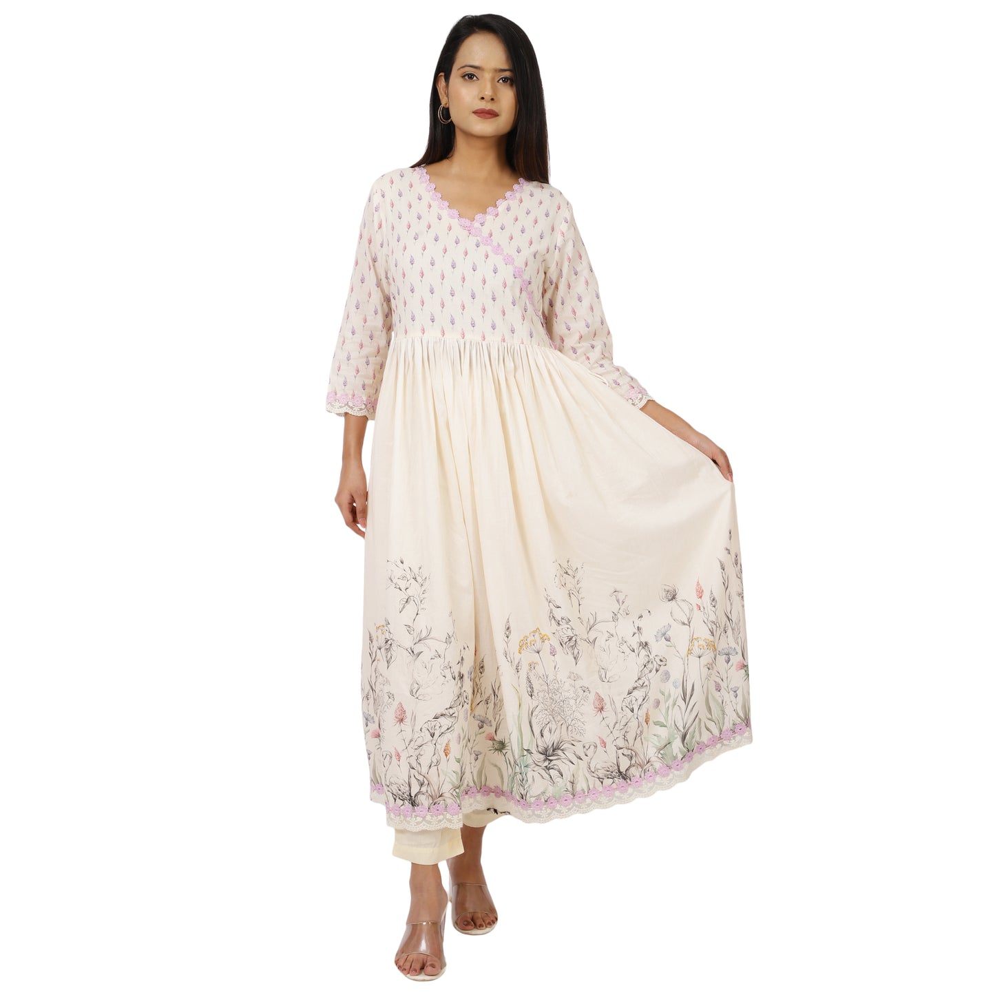 Cotton Blend Off-White Anarkali Kurta V-Neck Design