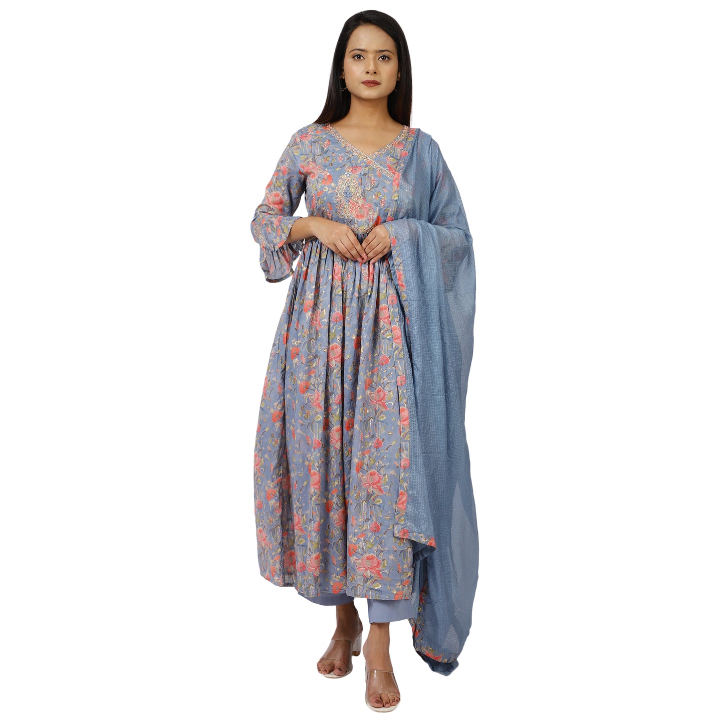 Cotton Blend Lilac Anarkali Kurta V-Neck Bell Sleeves