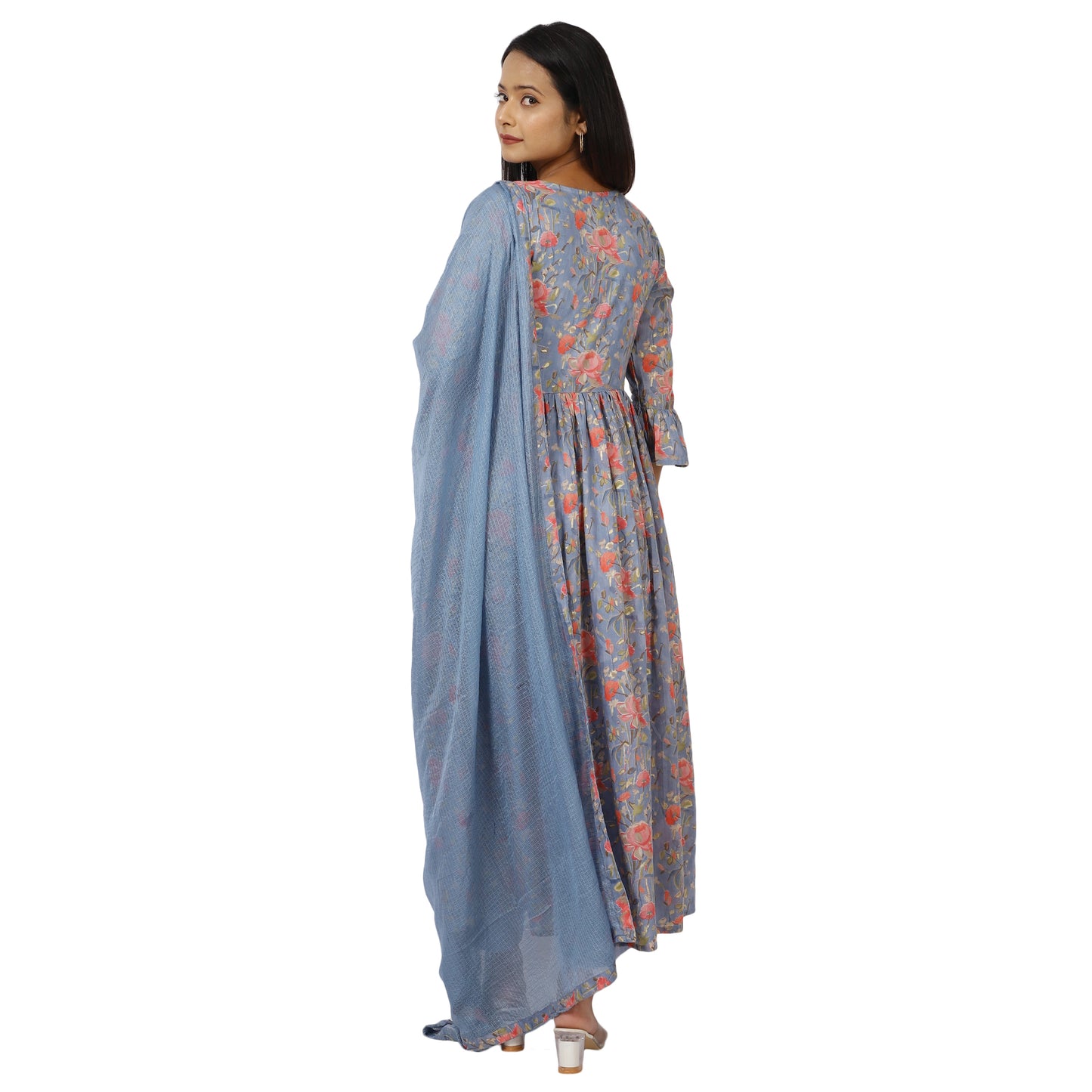 Back View Women's Lilac Floral Anarkali Kurta Set