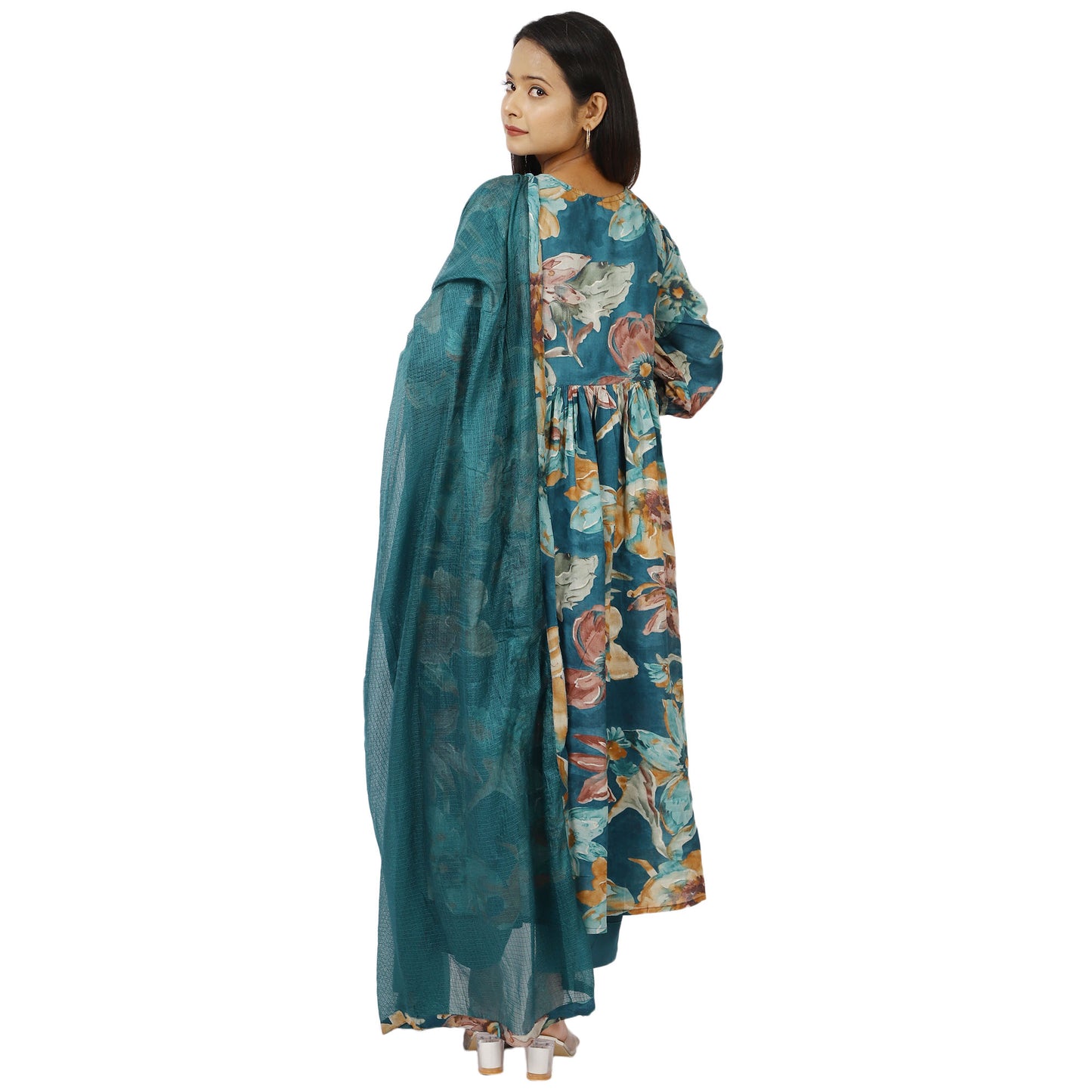 Side View of Women's Teal Blue Anarkali Kurta Set