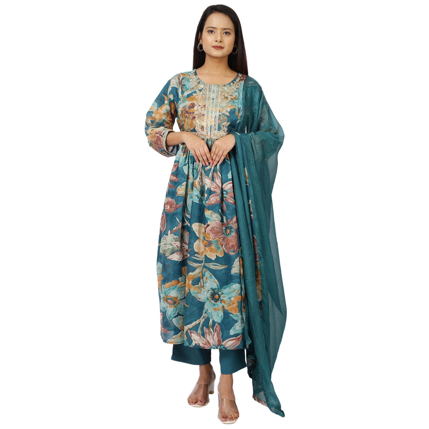 Traditional Teal Blue 3-Piece Ethnic Kurta Pant Dupatta