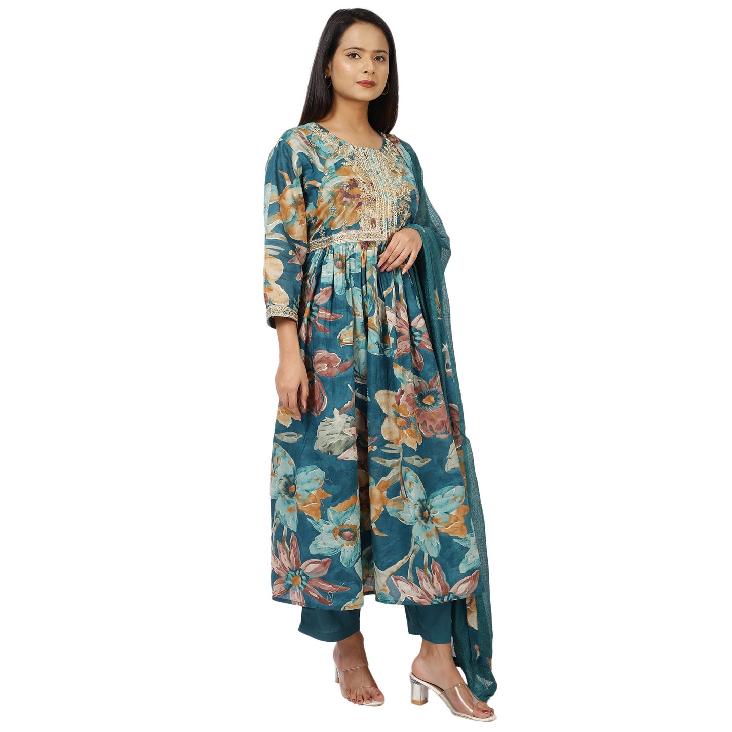 Women's Teal Blue Floral Printed Kurta with Dupatta