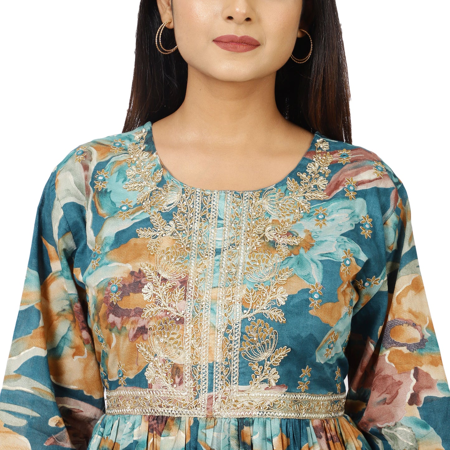 Dupatta Detailing of Teal Blue Floral Anarkali Suit