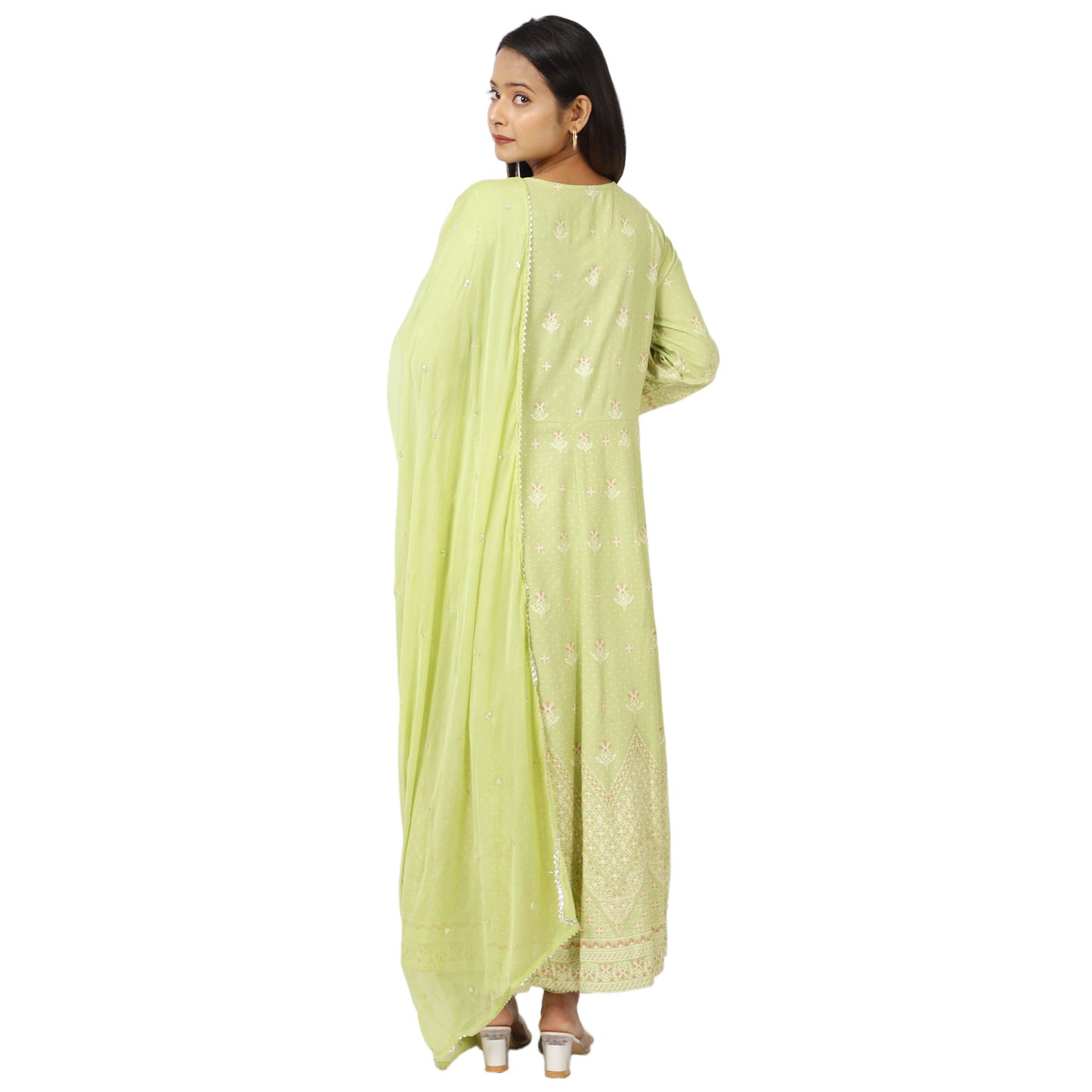 Women's Mint Green Anarkali Suit Set with Dupatta – Embroidered Long Sleeve Traditional Ethnic Dress for Festive