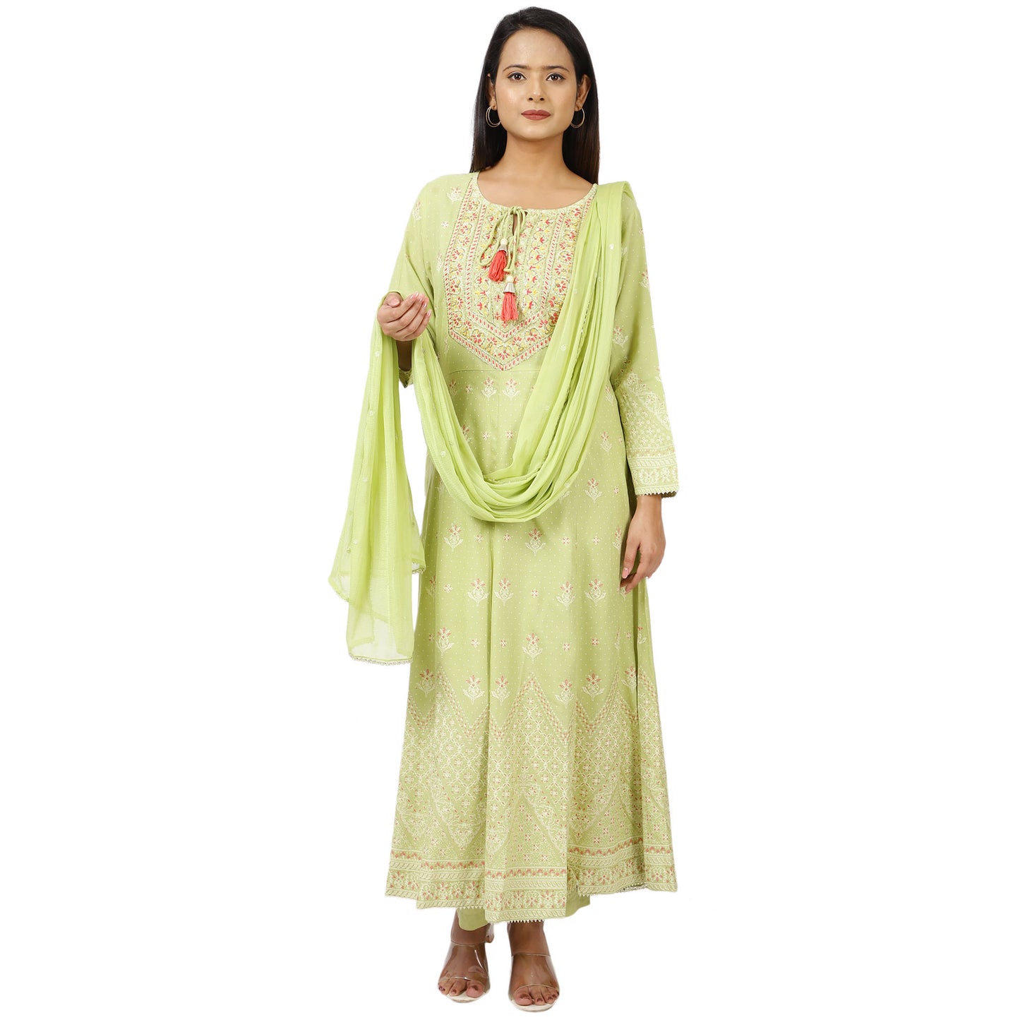 Women's Mint Green Anarkali Suit Set with Dupatta – Embroidered Long Sleeve Traditional Ethnic Dress for Festive