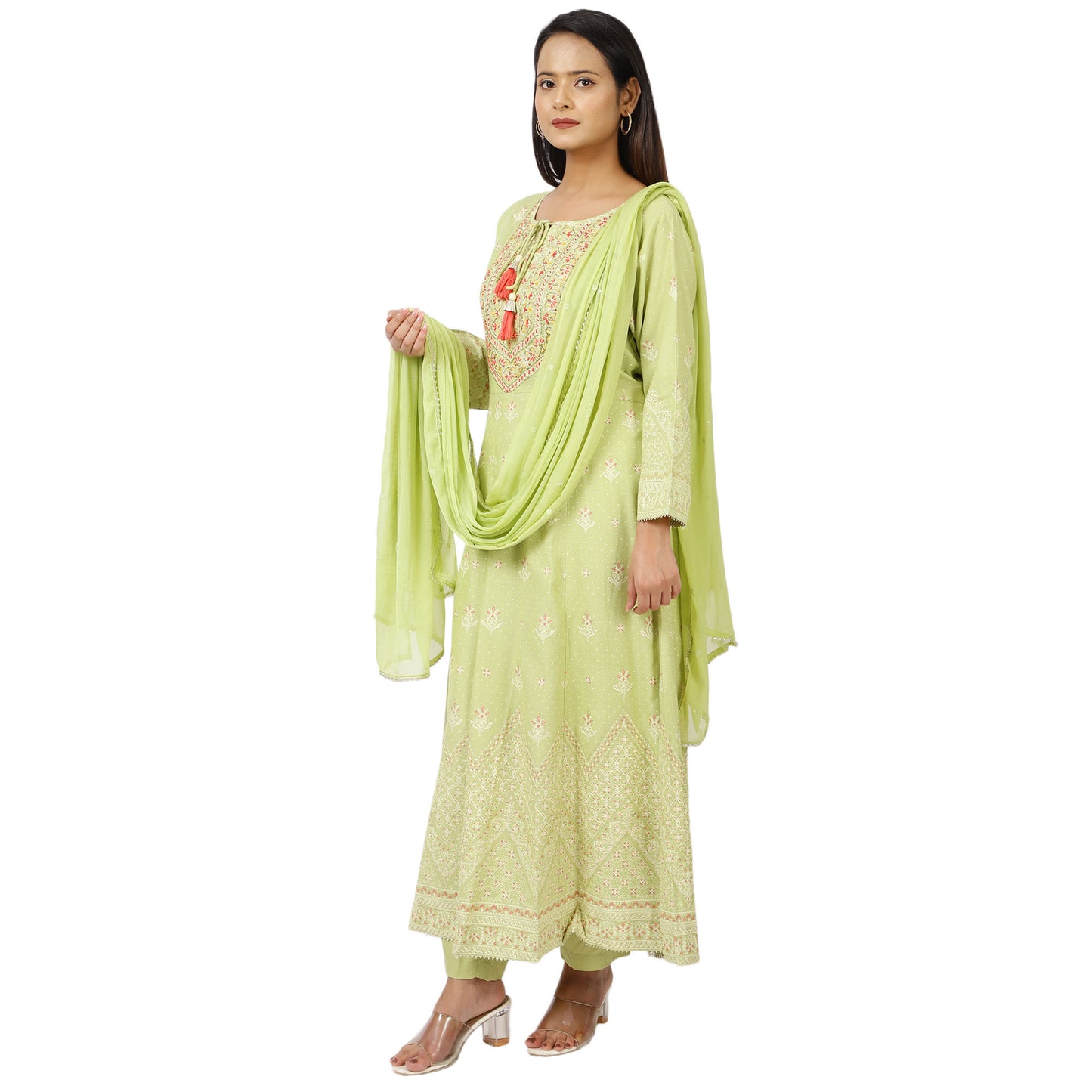 Women's Mint Green Anarkali Suit Set with Dupatta – Embroidered Long Sleeve Traditional Ethnic Dress for Festive