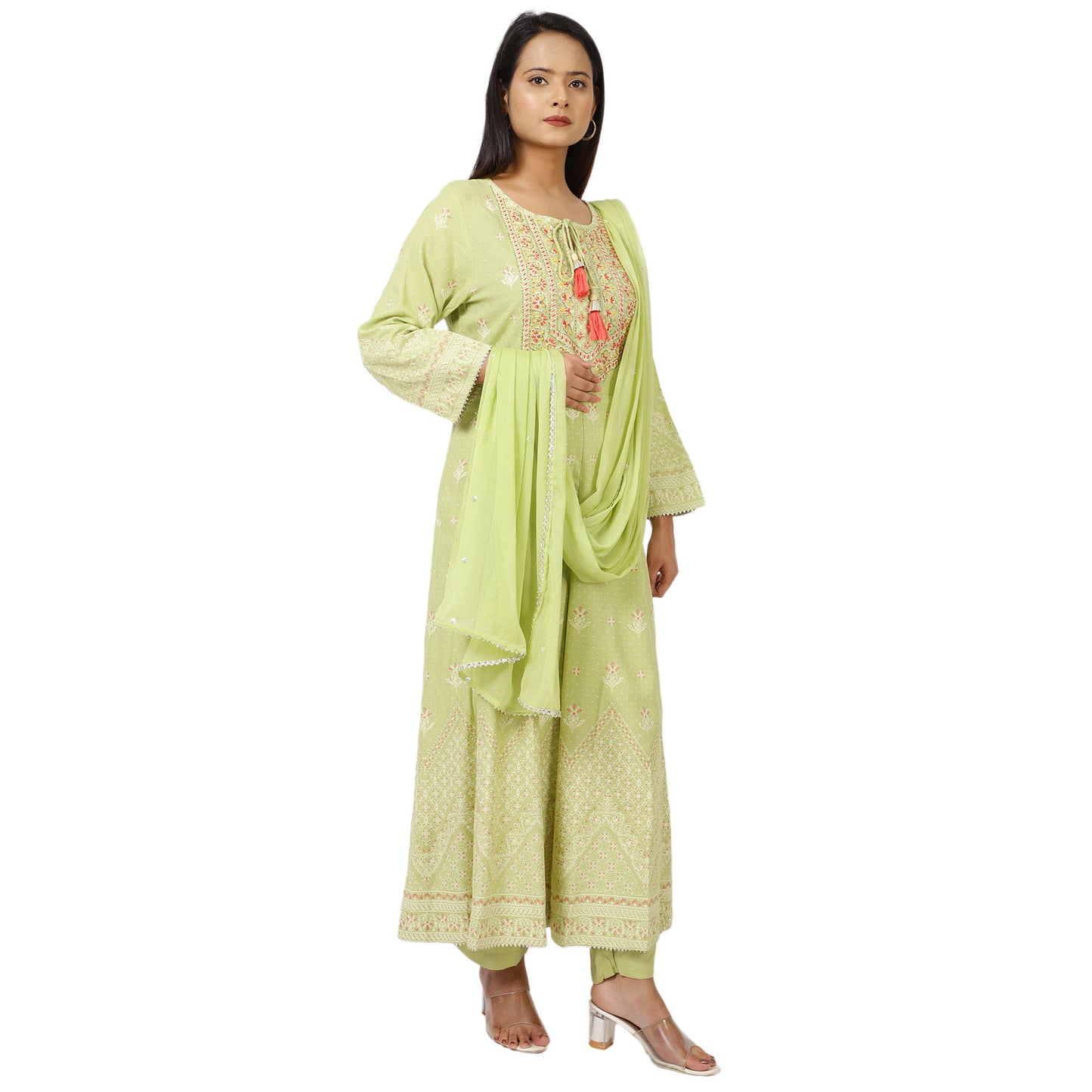 Women's Mint Green Anarkali Suit Set with Dupatta – Embroidered Long Sleeve Traditional Ethnic Dress for Festive