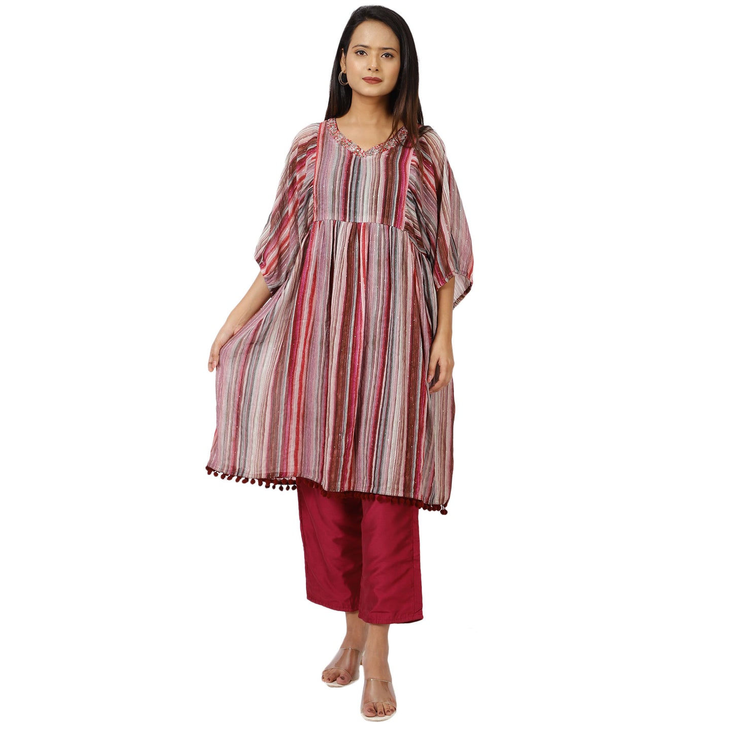 Close-up of embellished V-neck design on pink and grey cotton kurta
