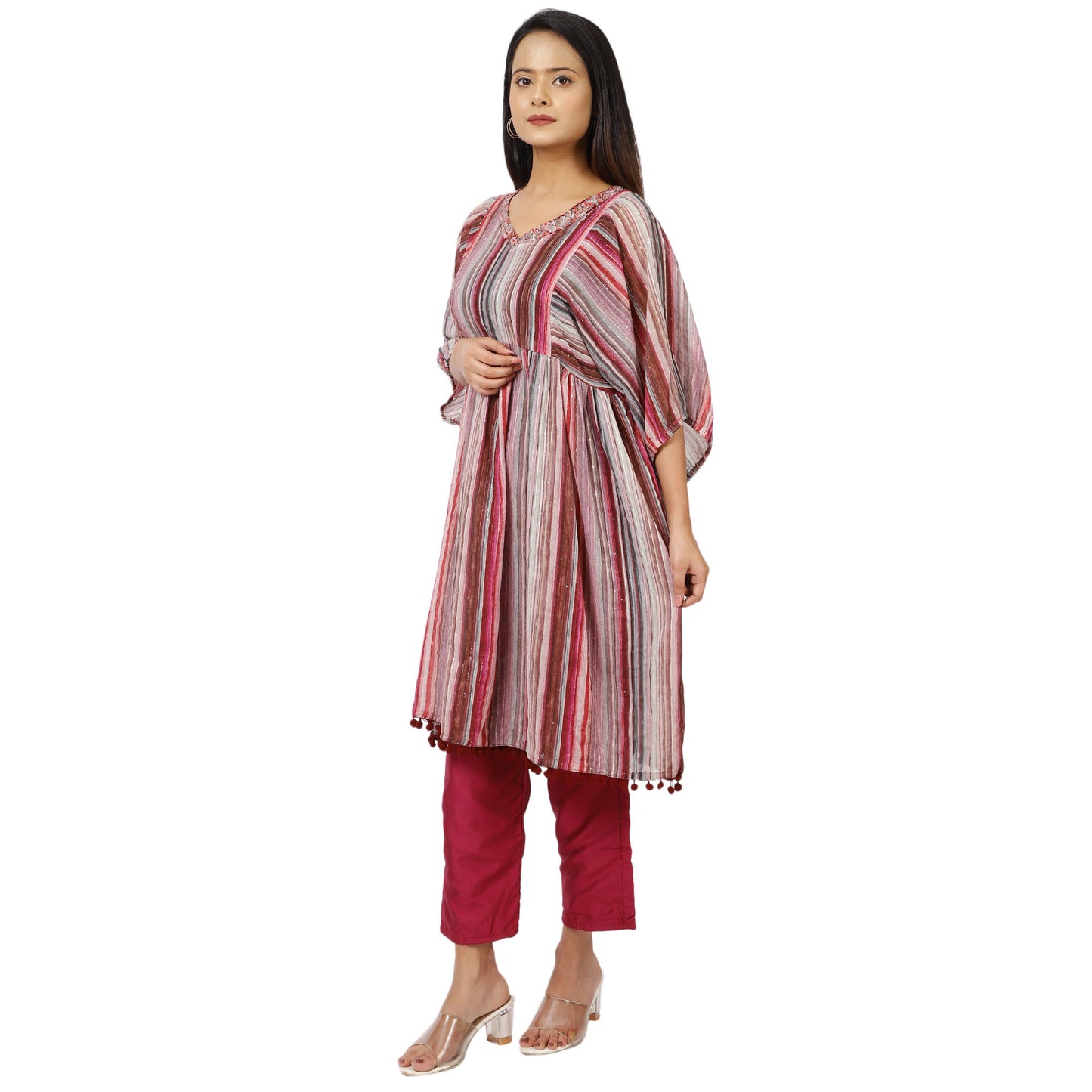 Side profile of pink and grey striped cotton kurta set for women