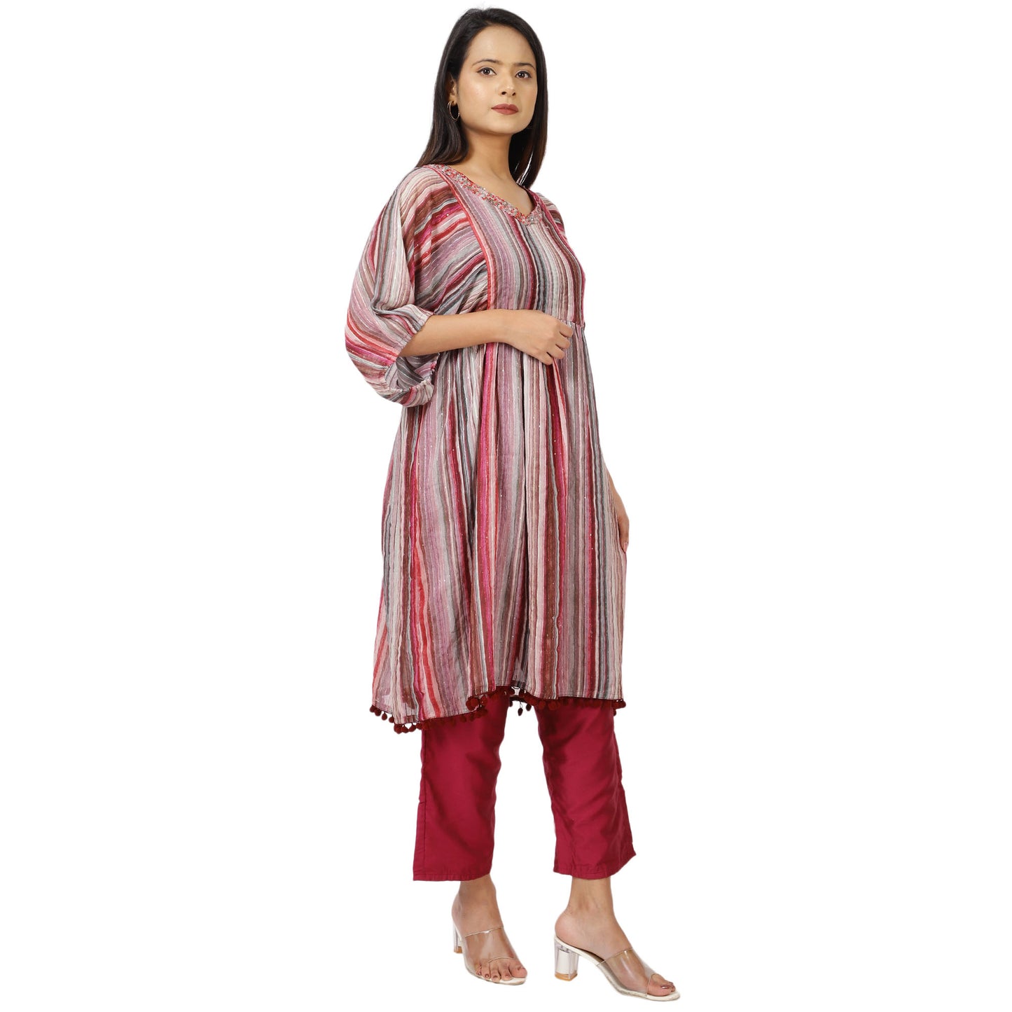 Pink and grey striped V-neck embellished cotton tunic with palazzo pants