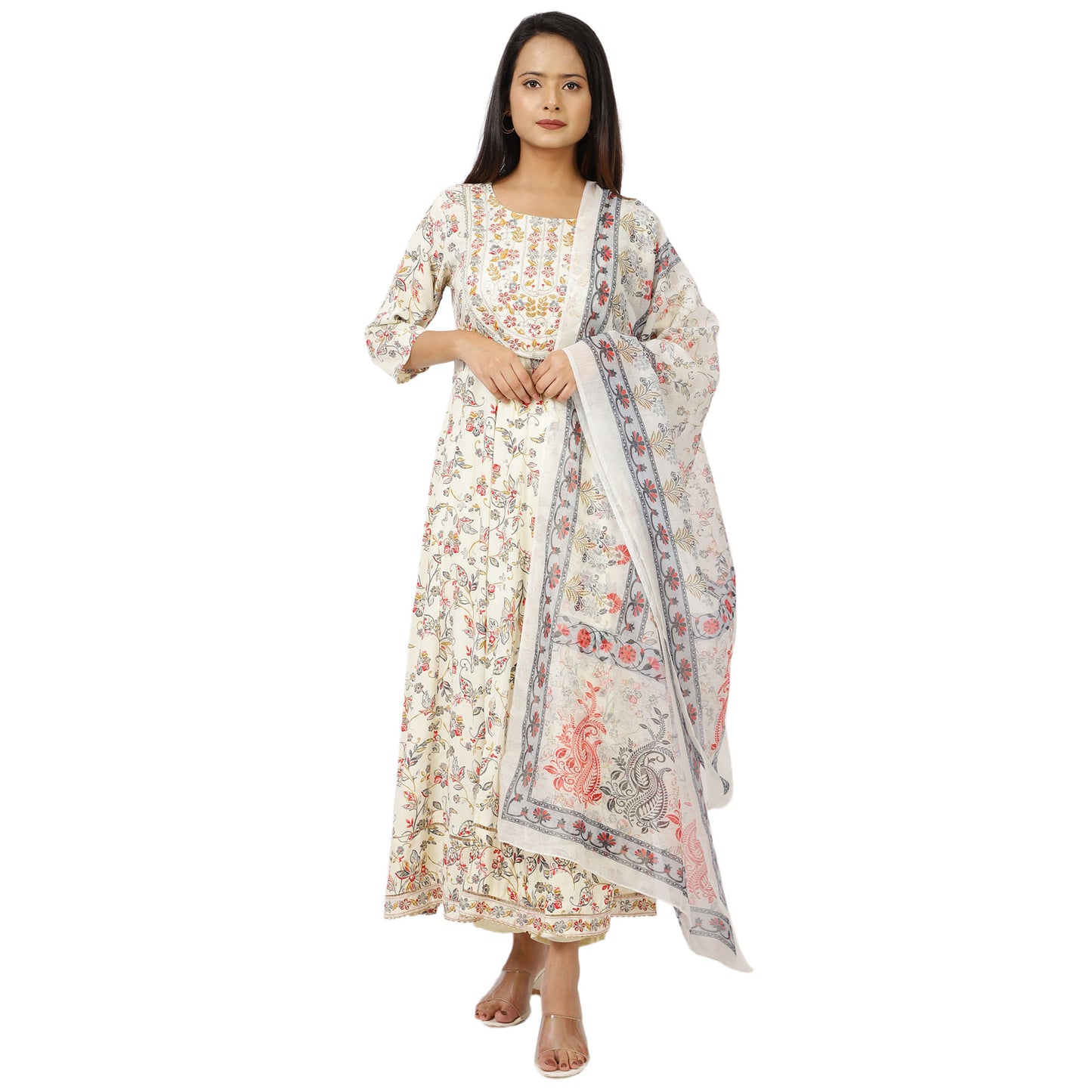 Floral Print Anarkali Dress with Dupatta, 3/4 Sleeve, Off-White Cotton Blend, Ankle Length