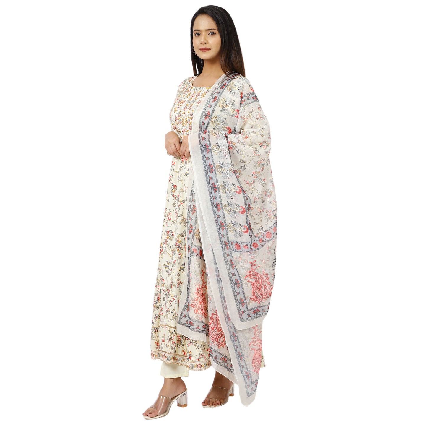 Floral Print Anarkali Dress with Dupatta, 3/4 Sleeve, Off-White Cotton Blend, Ankle Length