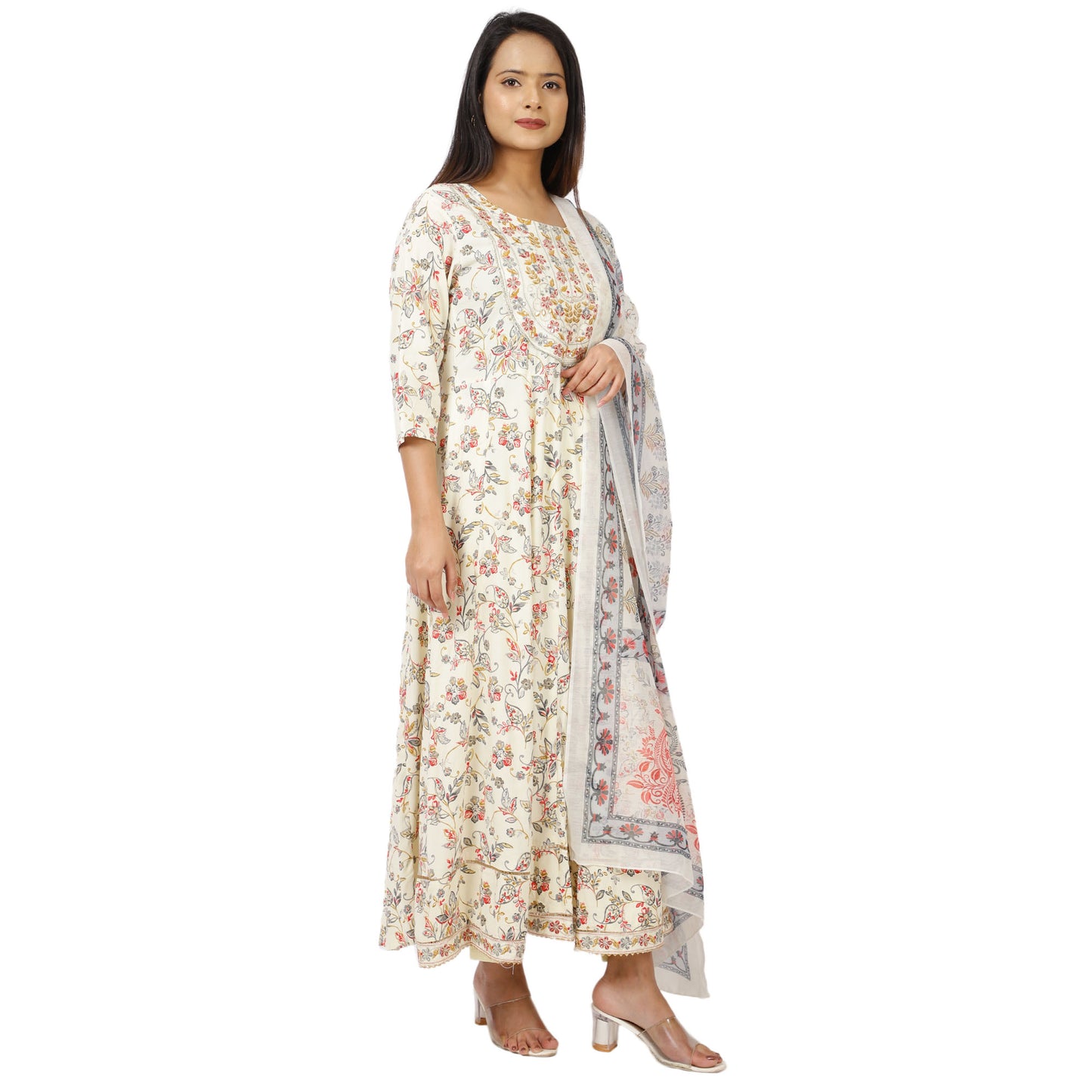 Floral Print Anarkali Dress with Dupatta, 3/4 Sleeve, Off-White Cotton Blend, Ankle Length