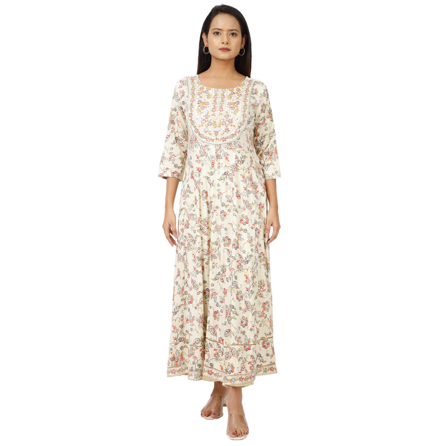 Floral Print Anarkali Dress with Dupatta, 3/4 Sleeve, Off-White Cotton Blend, Ankle Length