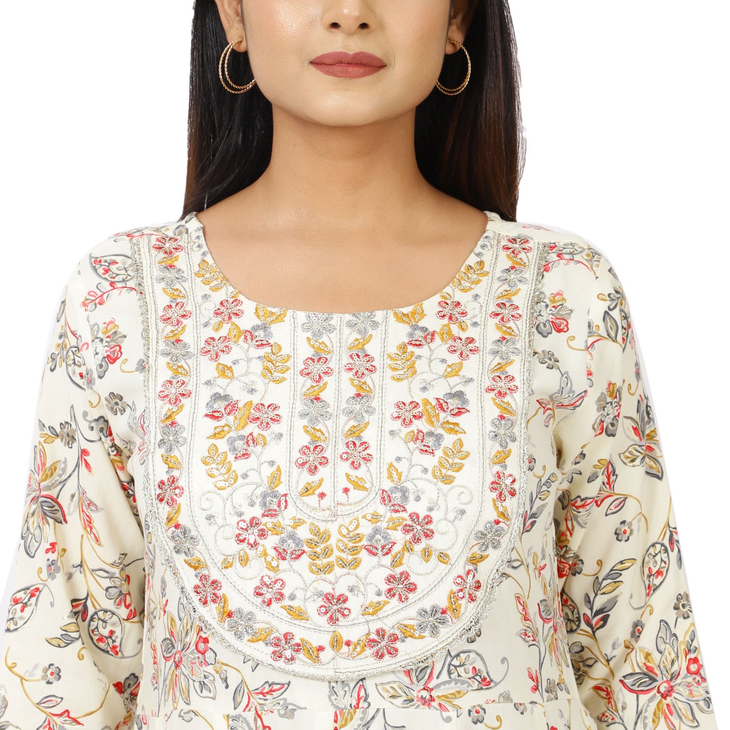 Floral Print Anarkali Dress with Dupatta, 3/4 Sleeve, Off-White Cotton Blend, Ankle Length