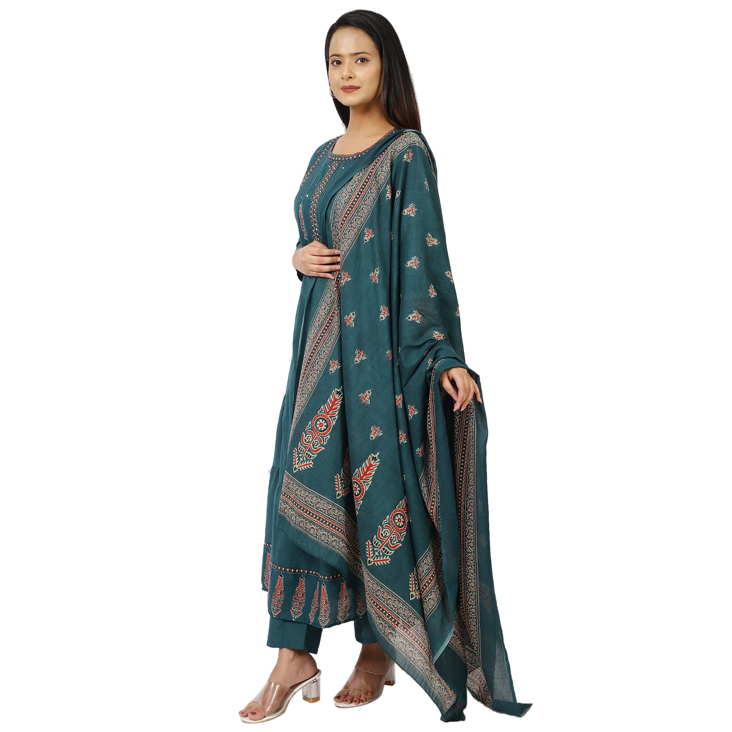 Dupatta and embroidery close-up of teal dress set